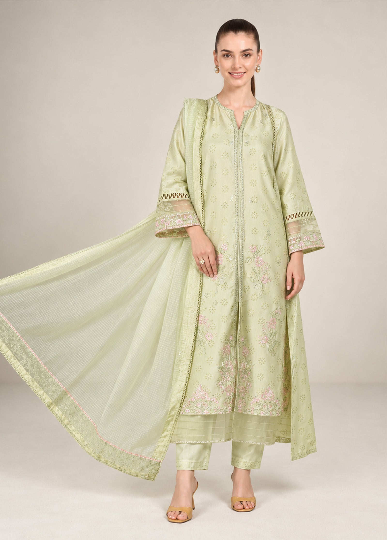 2 Pc Embroidered Bamberg Raw Silk Suit