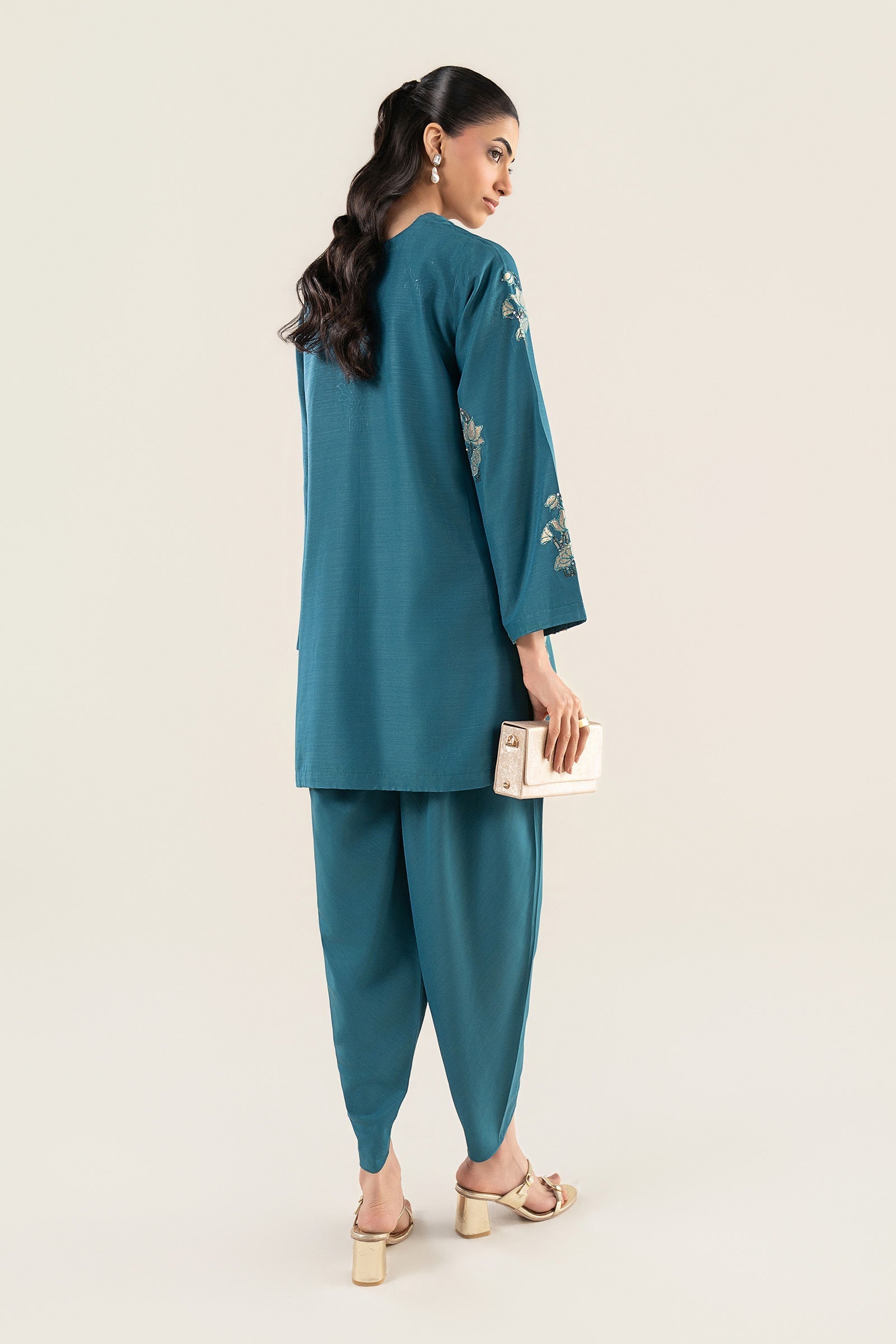 3 Pc Embroidered Raw Silk Suit