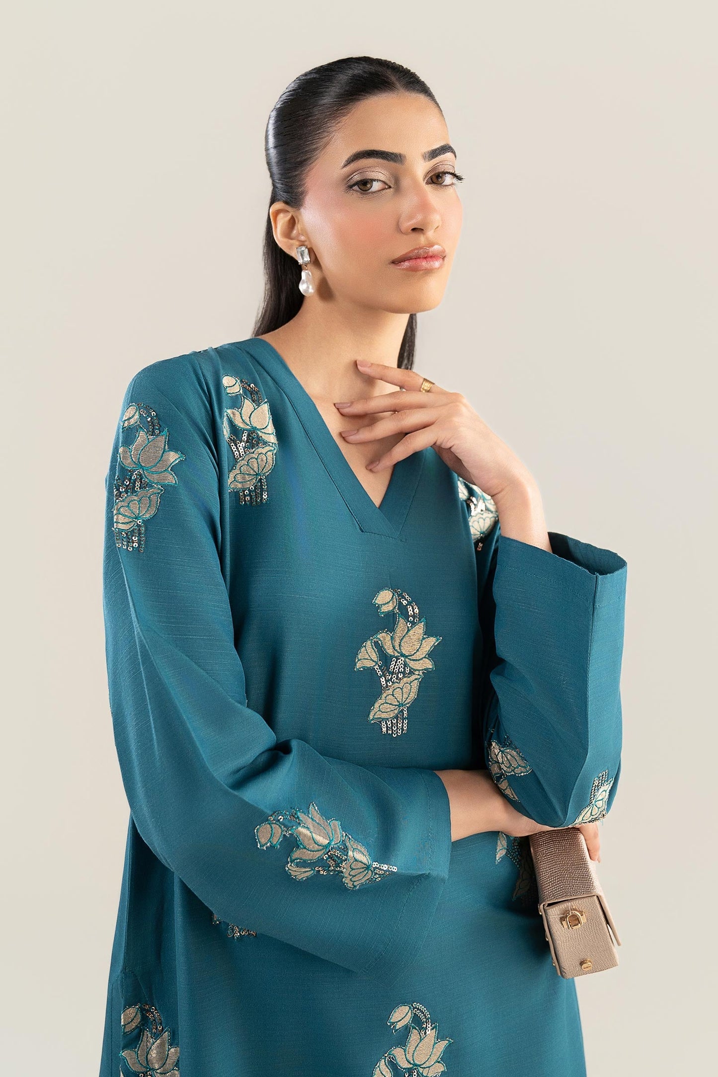 3 Pc Embroidered Raw Silk Suit