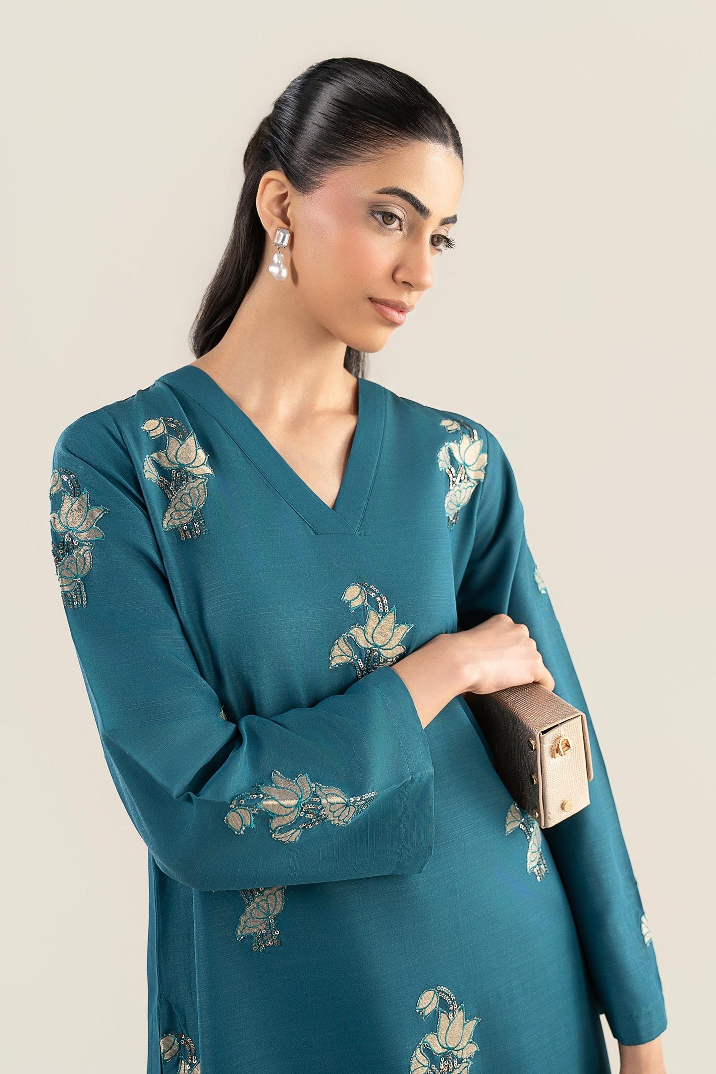 3 Pc Embroidered Raw Silk Suit