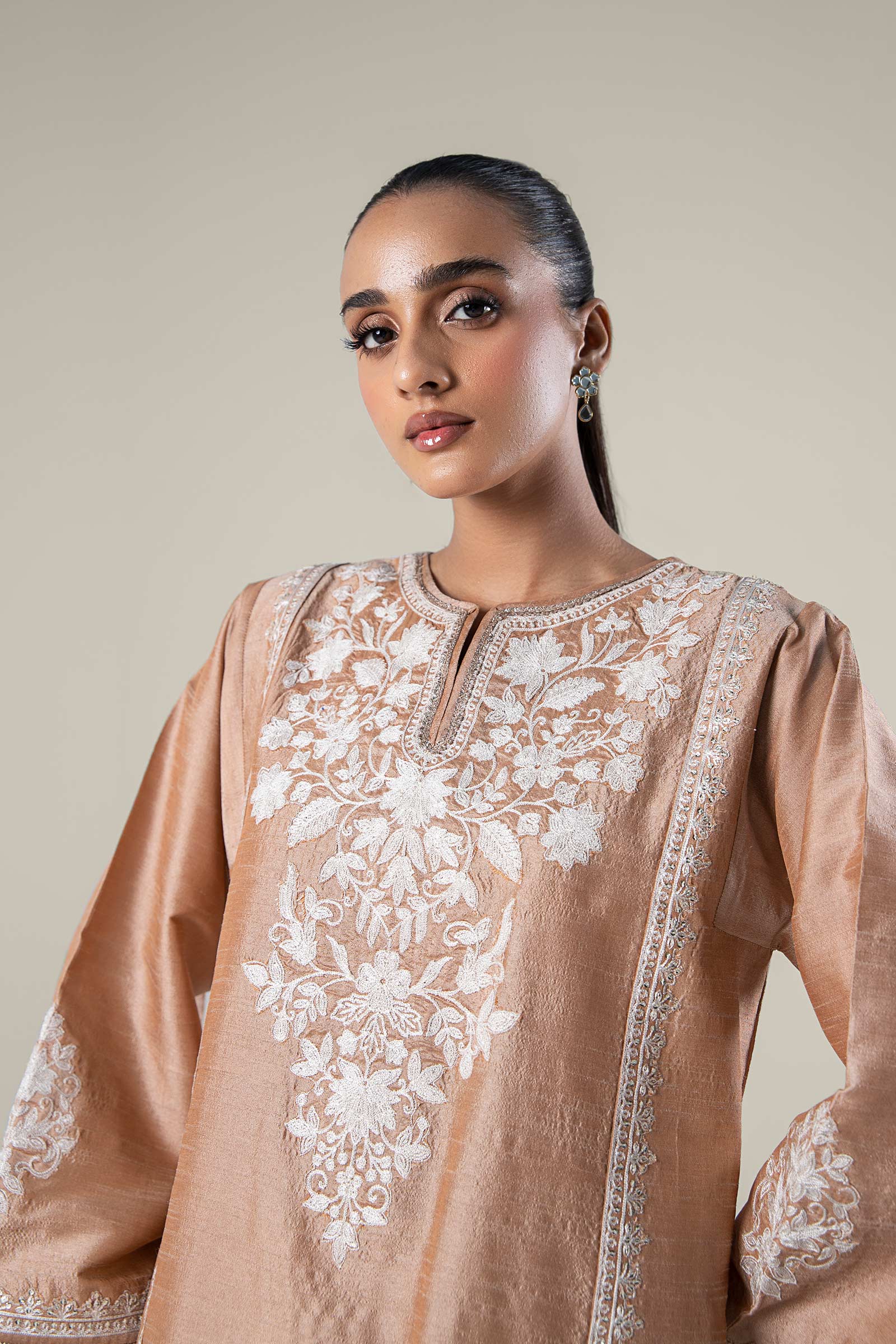 2 Pc Embroidered Tonal Raw Silk Suit