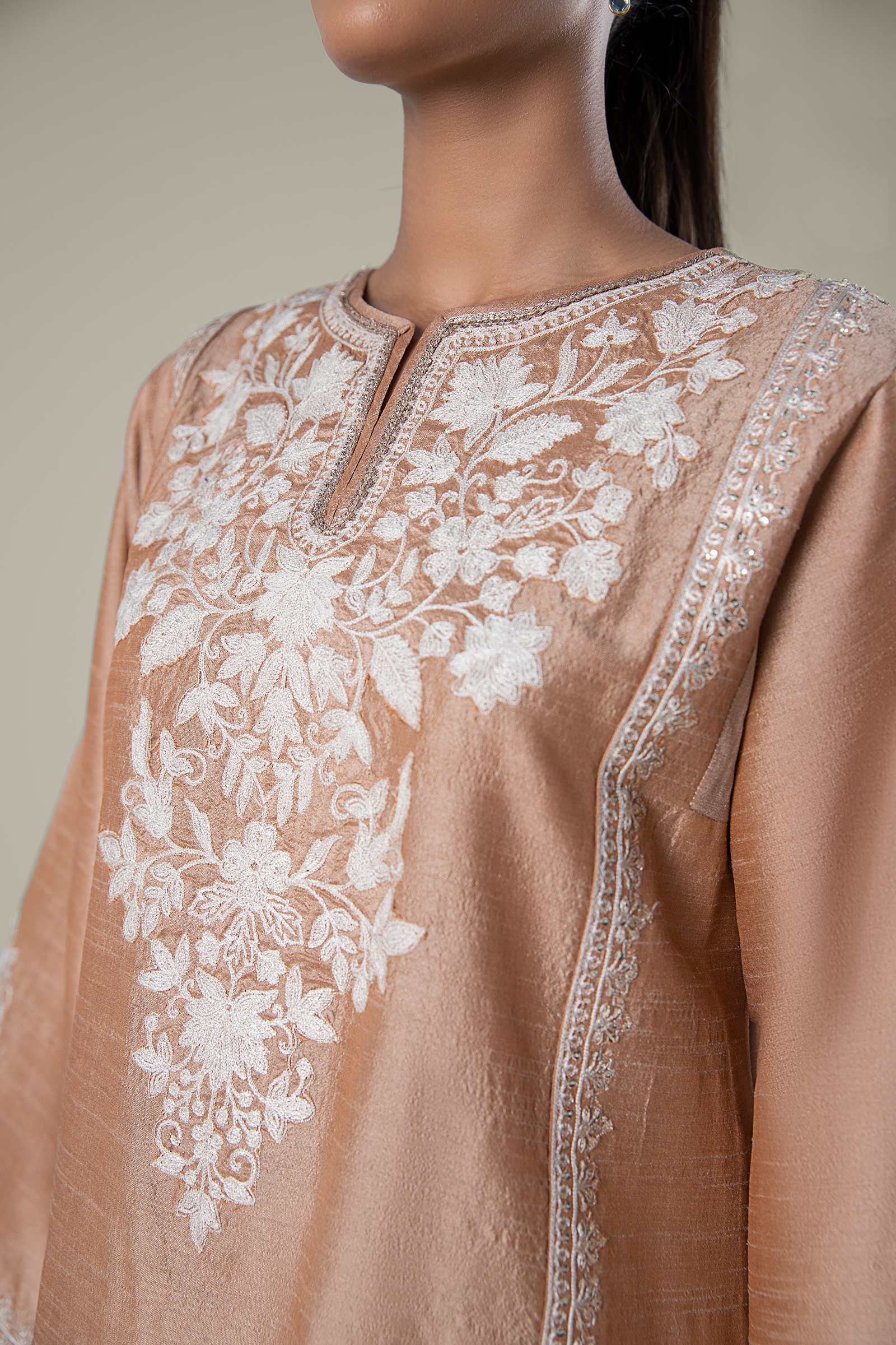 2 Pc Embroidered Tonal Raw Silk Suit