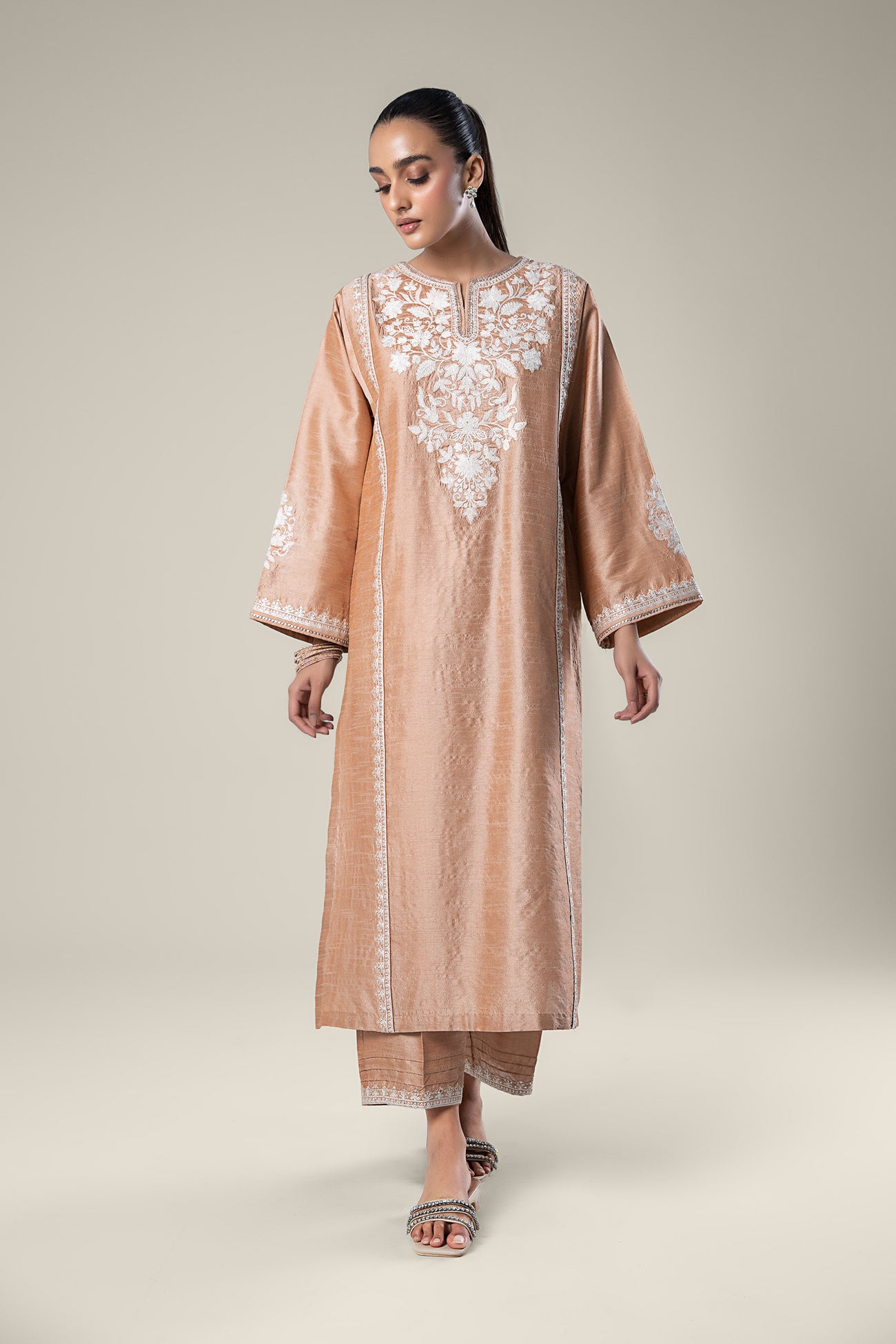 2 Pc Embroidered Tonal Raw Silk Suit