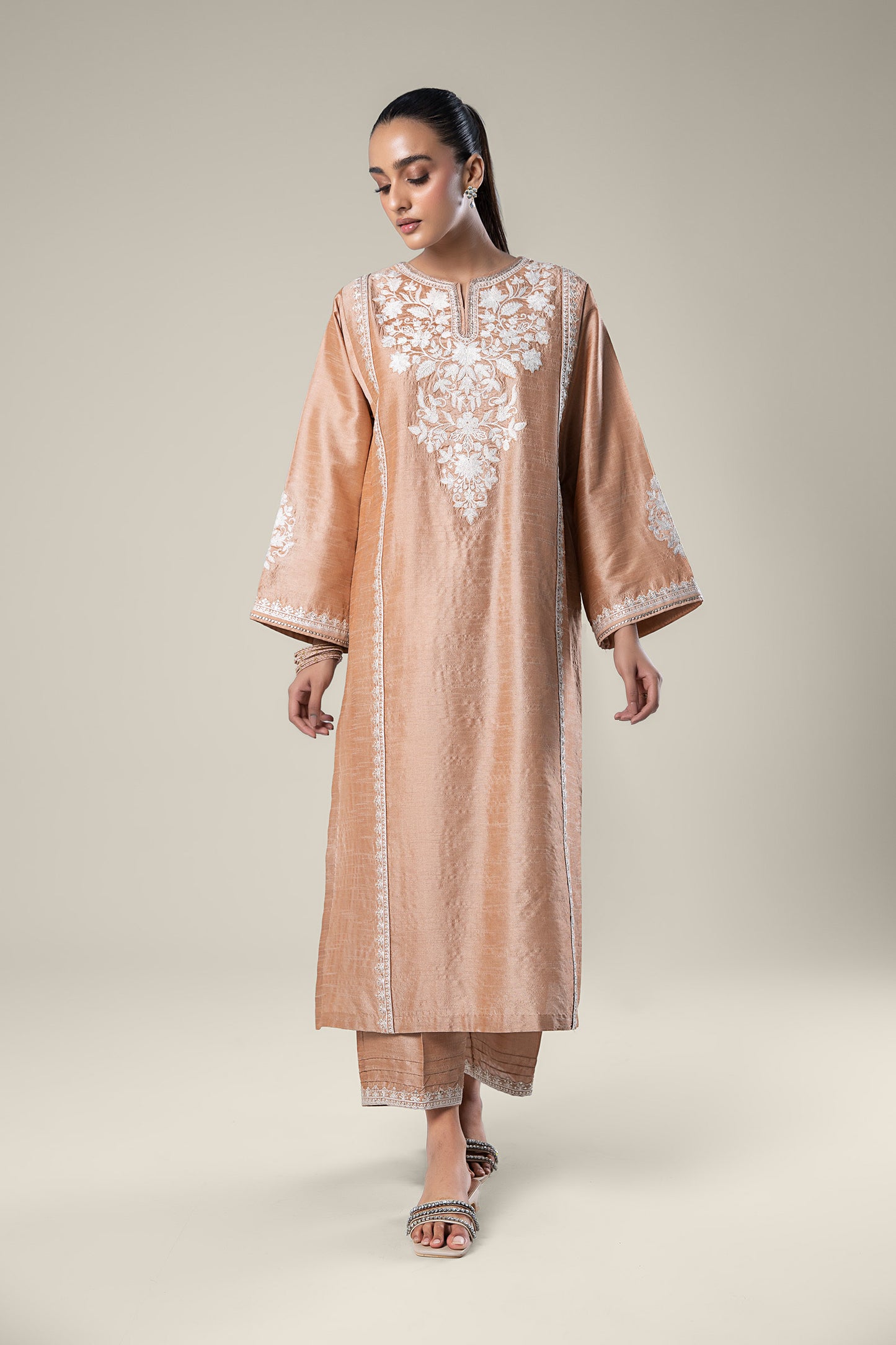 2 Pc Embroidered Tonal Raw Silk Suit