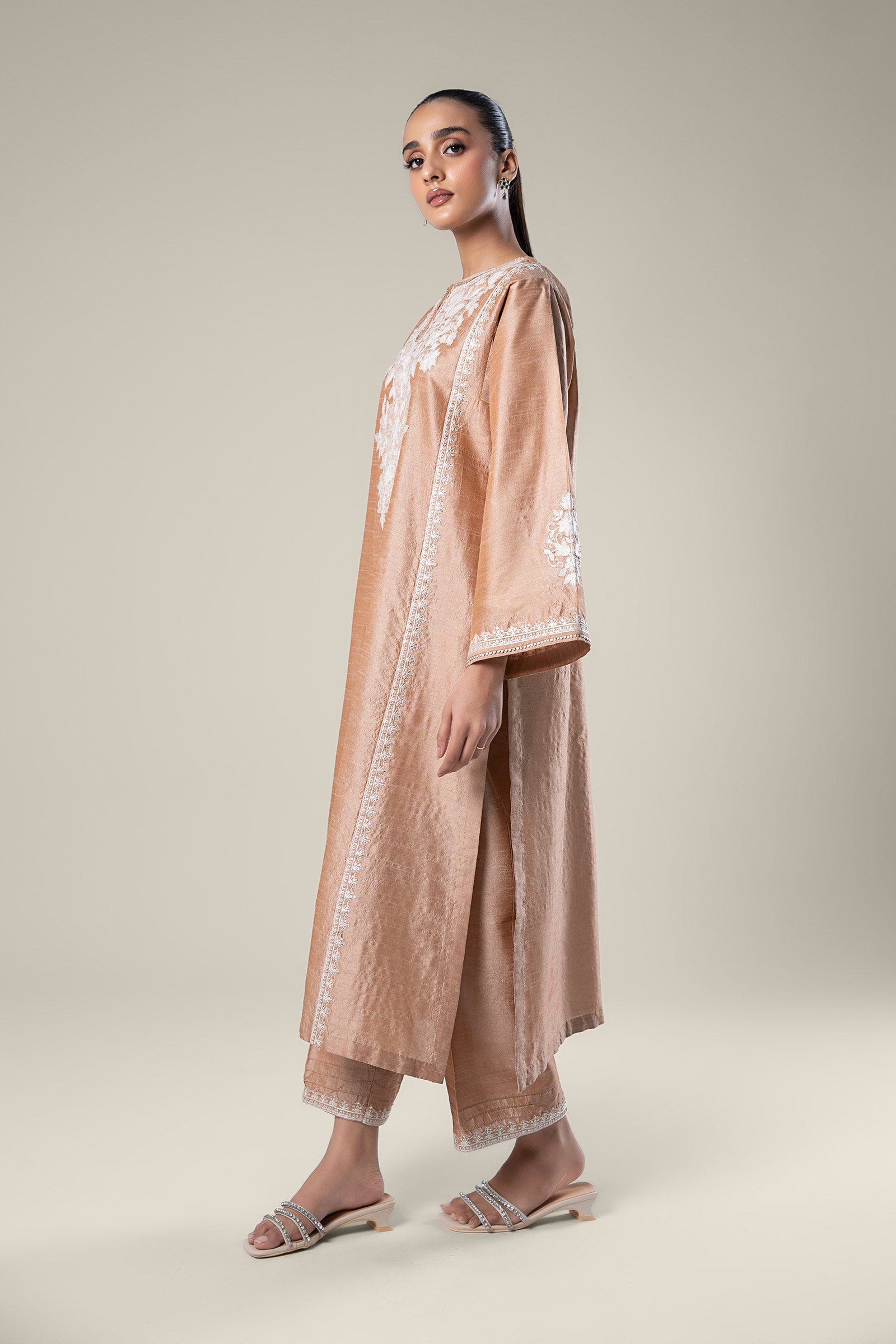 2 Pc Embroidered Tonal Raw Silk Suit