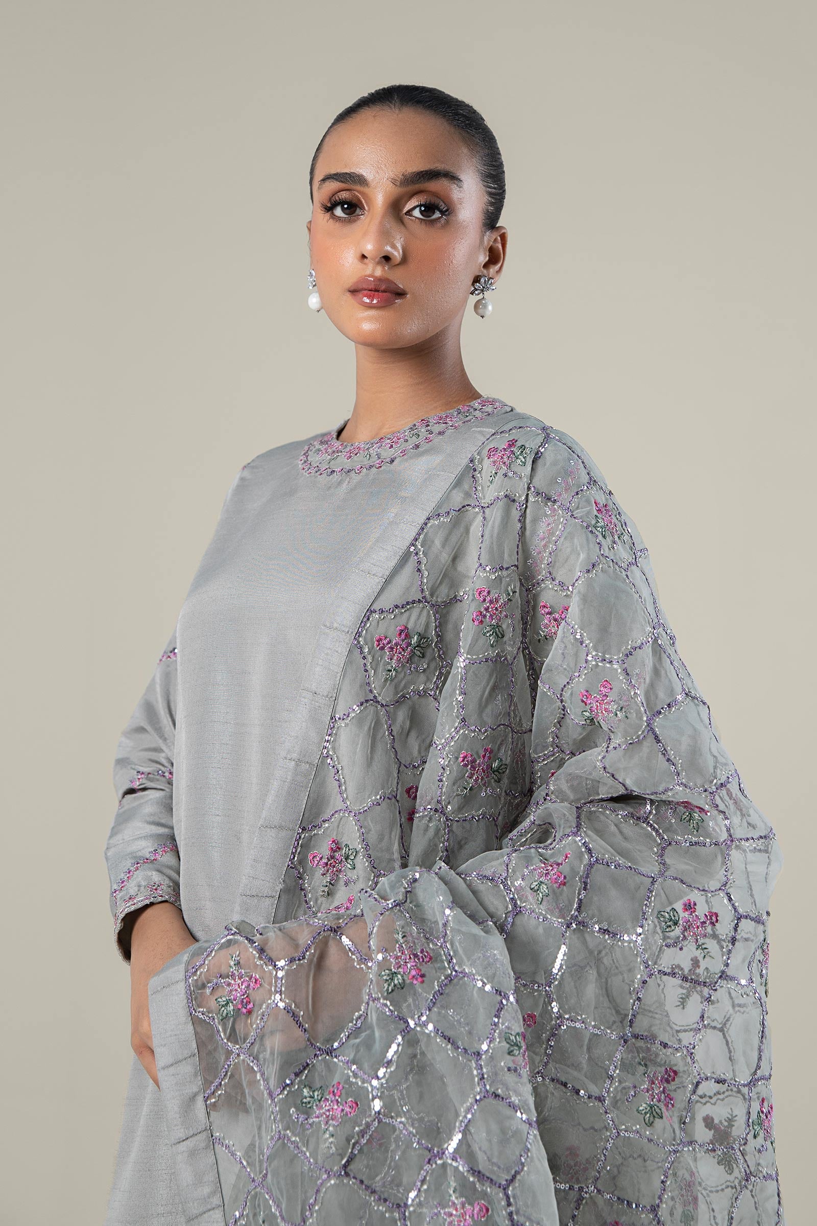 3 Pc Embroidered Raw Silk Suit