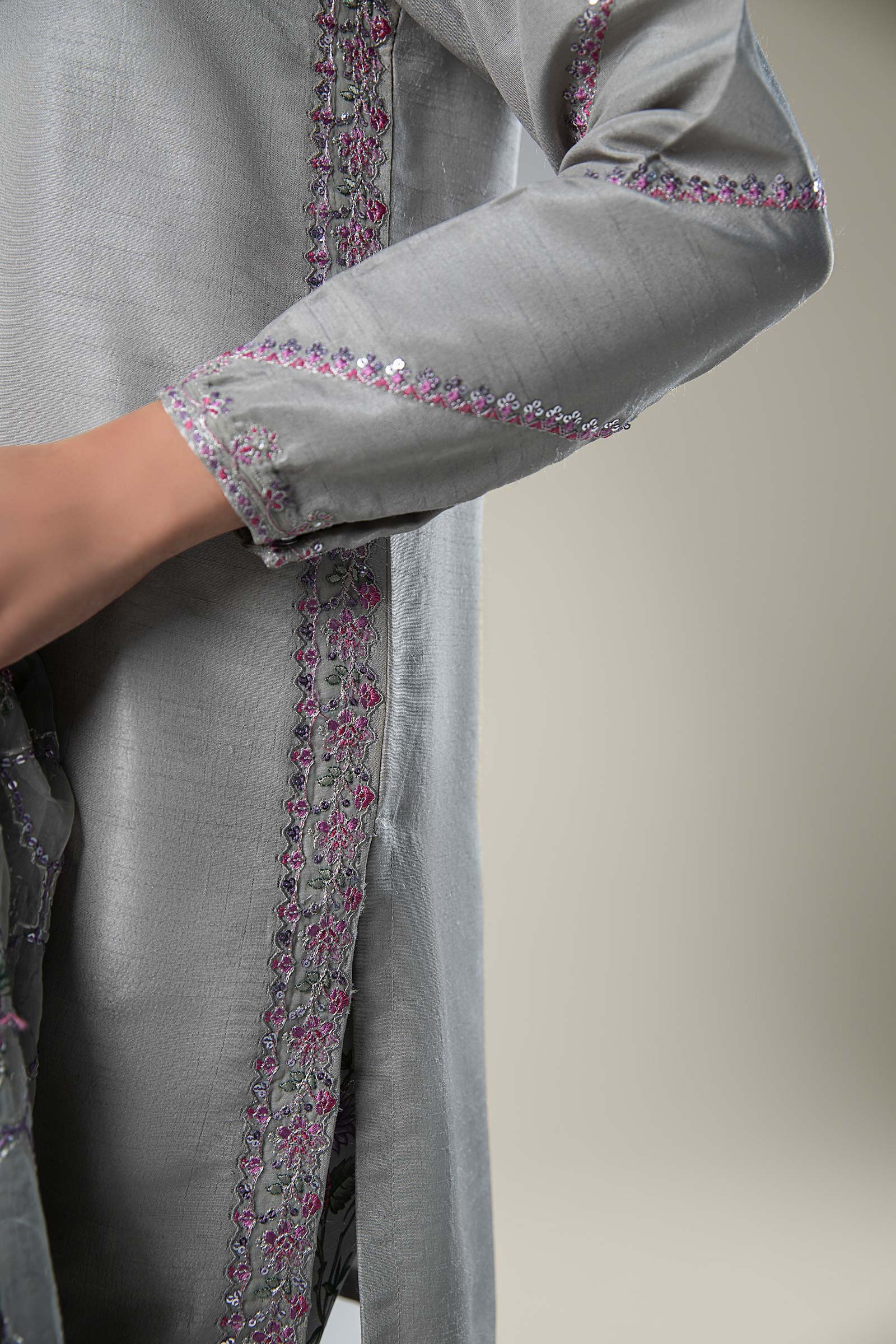 3 Pc Embroidered Raw Silk Suit