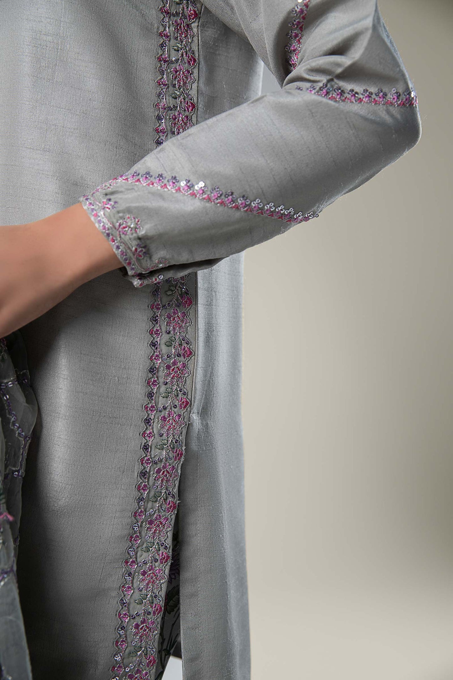 3 Pc Embroidered Raw Silk Suit
