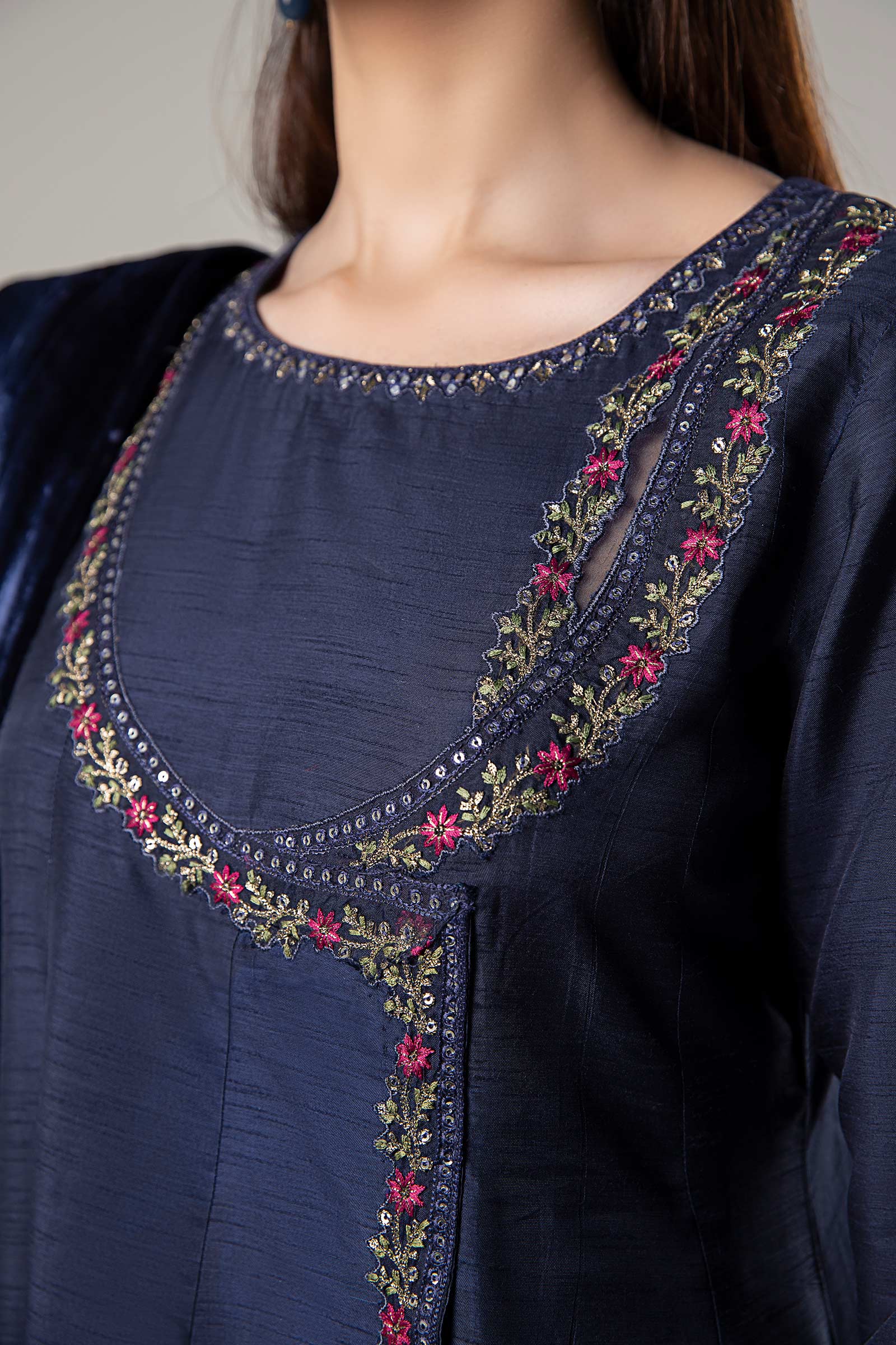 2 Pc Embroidered Raw Silk Suit
