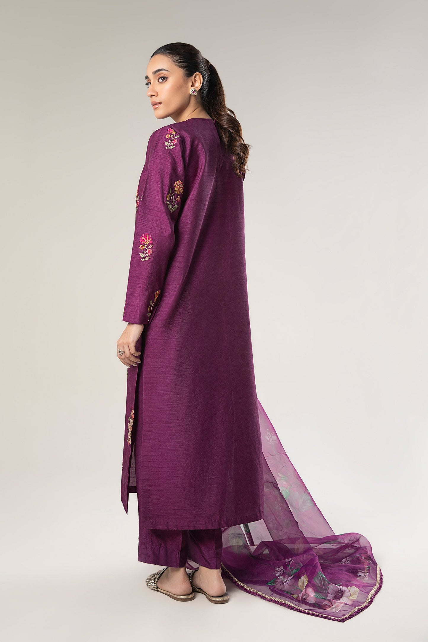 3 Pc Embroidered Raw Silk Suit
