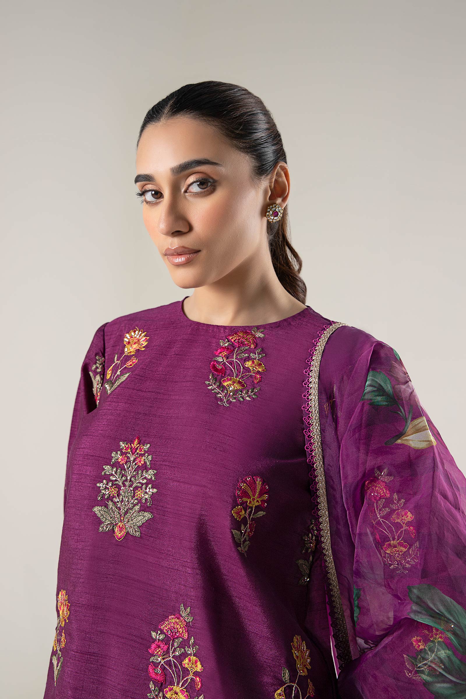 3 Pc Embroidered Raw Silk Suit