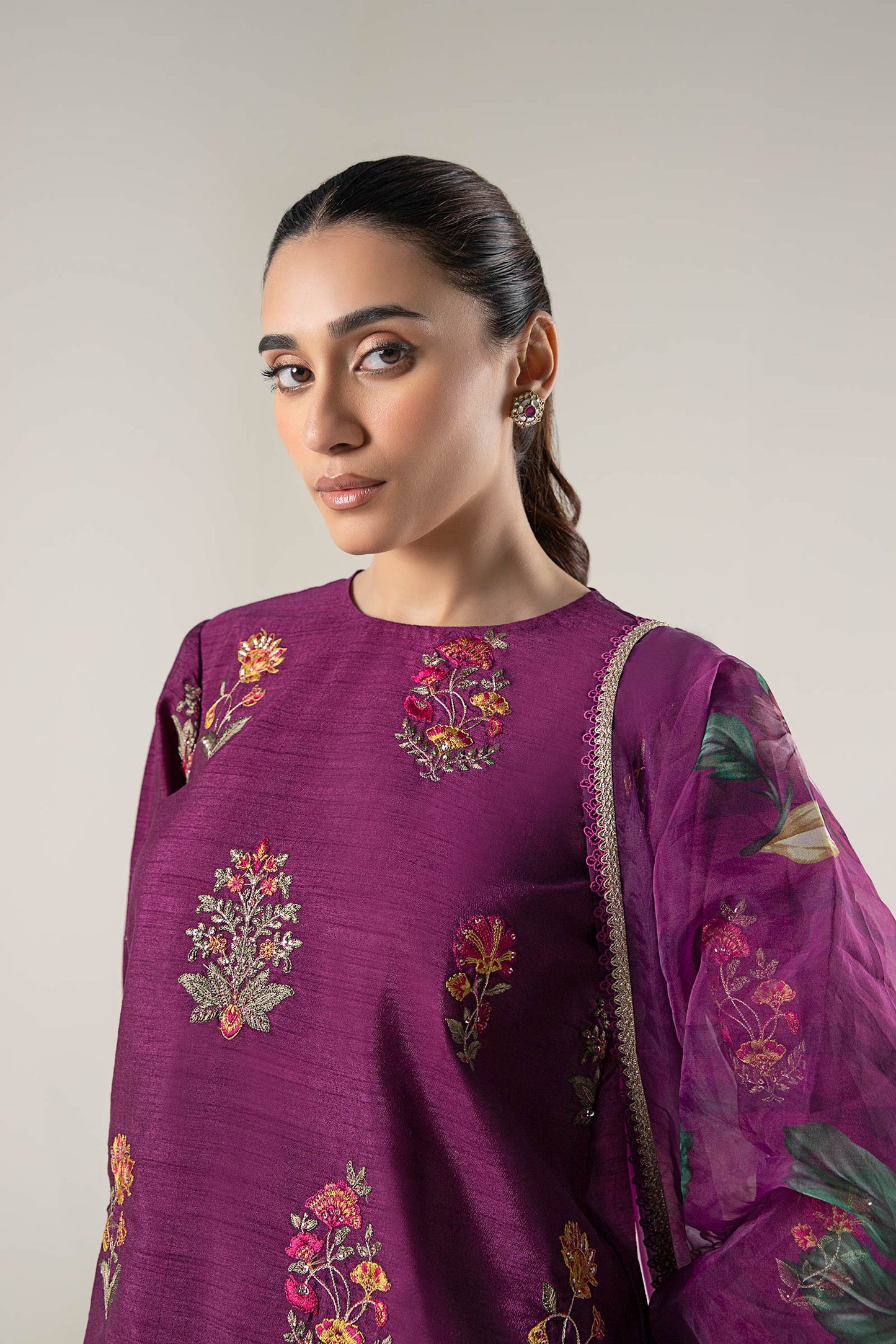 3 Pc Embroidered Raw Silk Suit