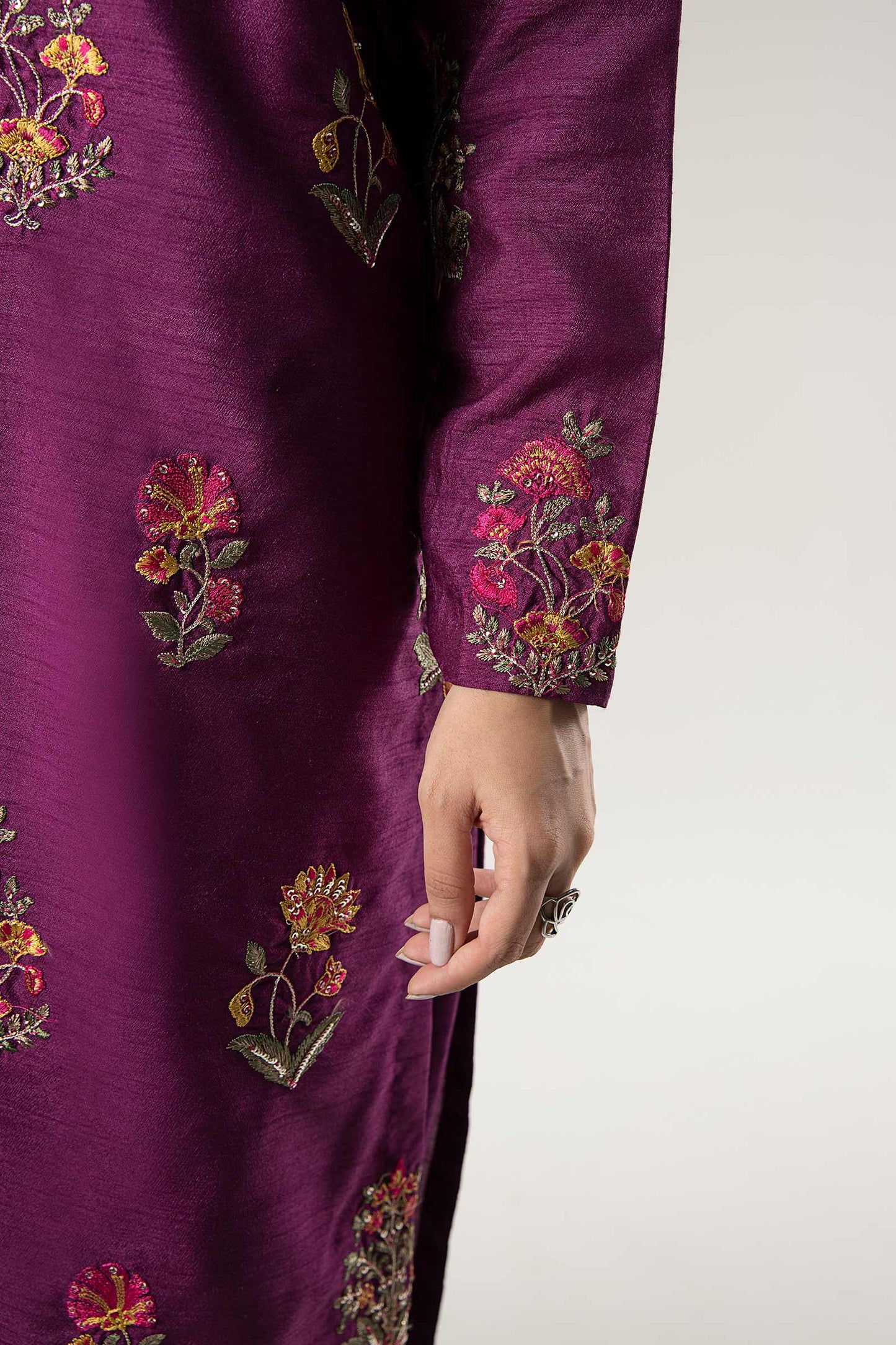 3 Pc Embroidered Raw Silk Suit
