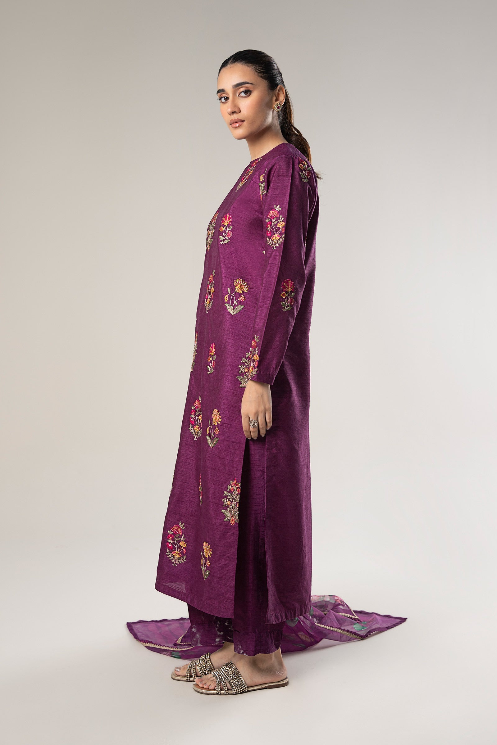 3 Pc Embroidered Raw Silk Suit