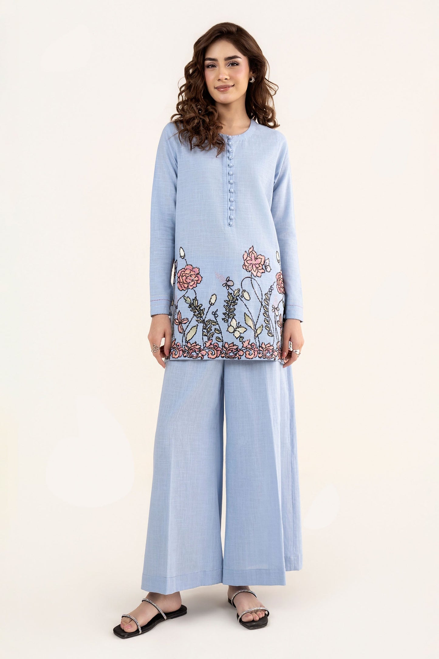2 Pc Embroidered Crosshatch Linen Suit