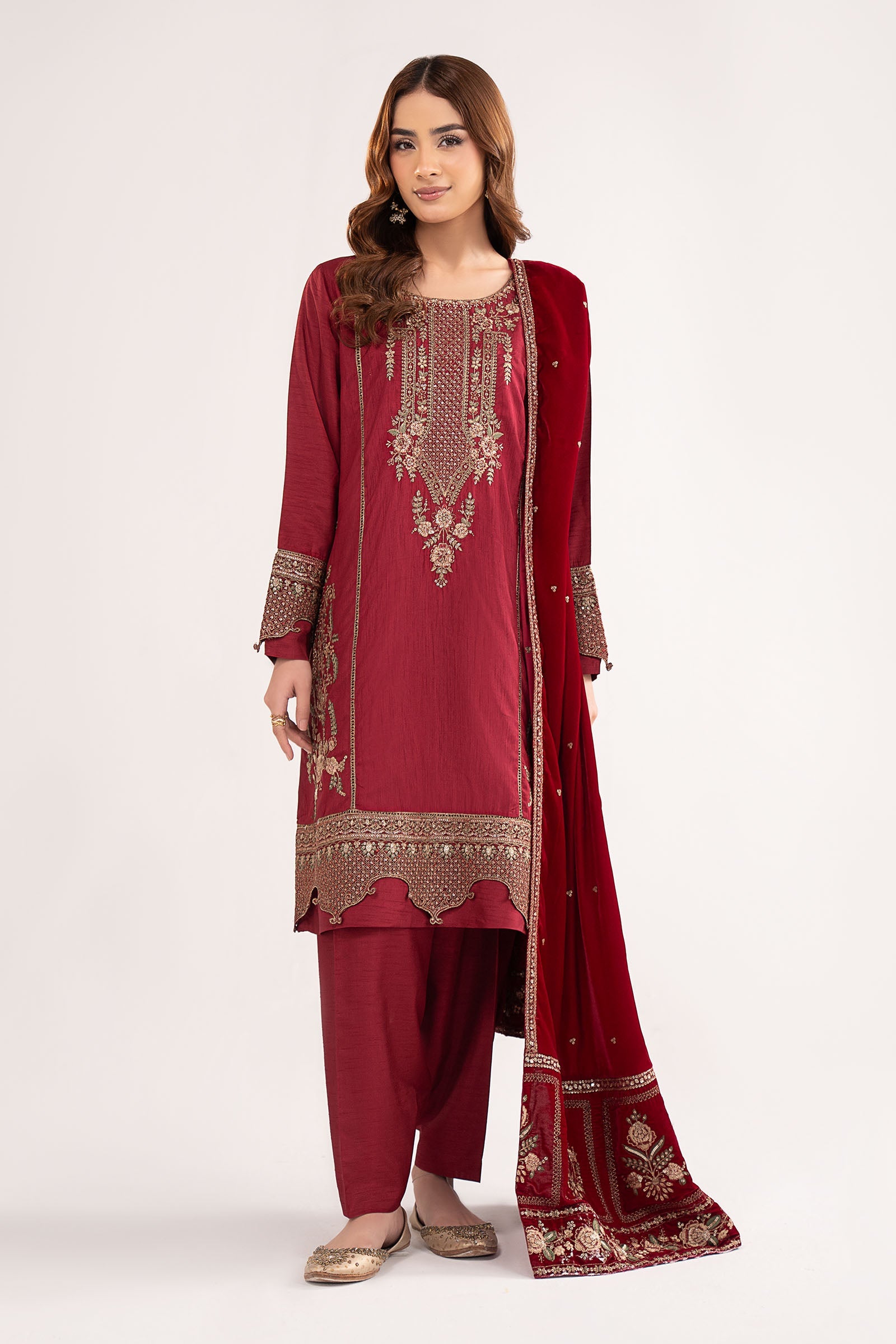 3 Pc Embroidered Raw Silk Suit