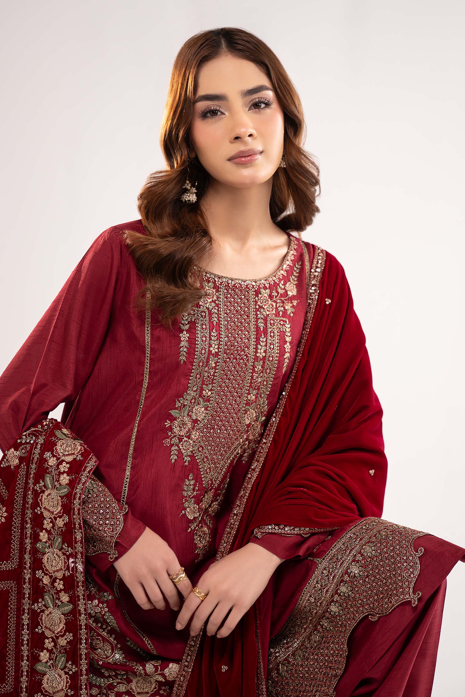3 Pc Embroidered Raw Silk Suit