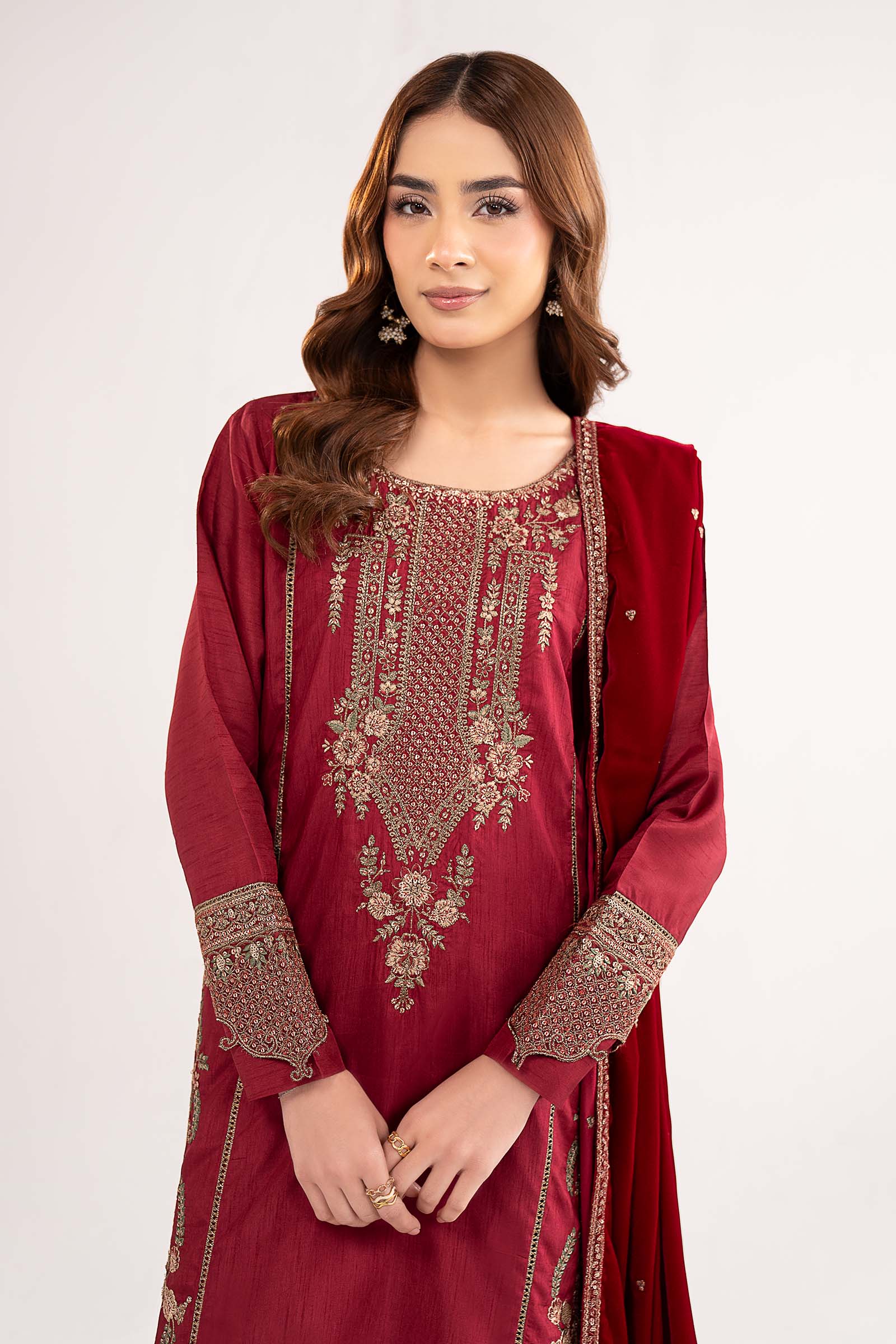 3 Pc Embroidered Raw Silk Suit