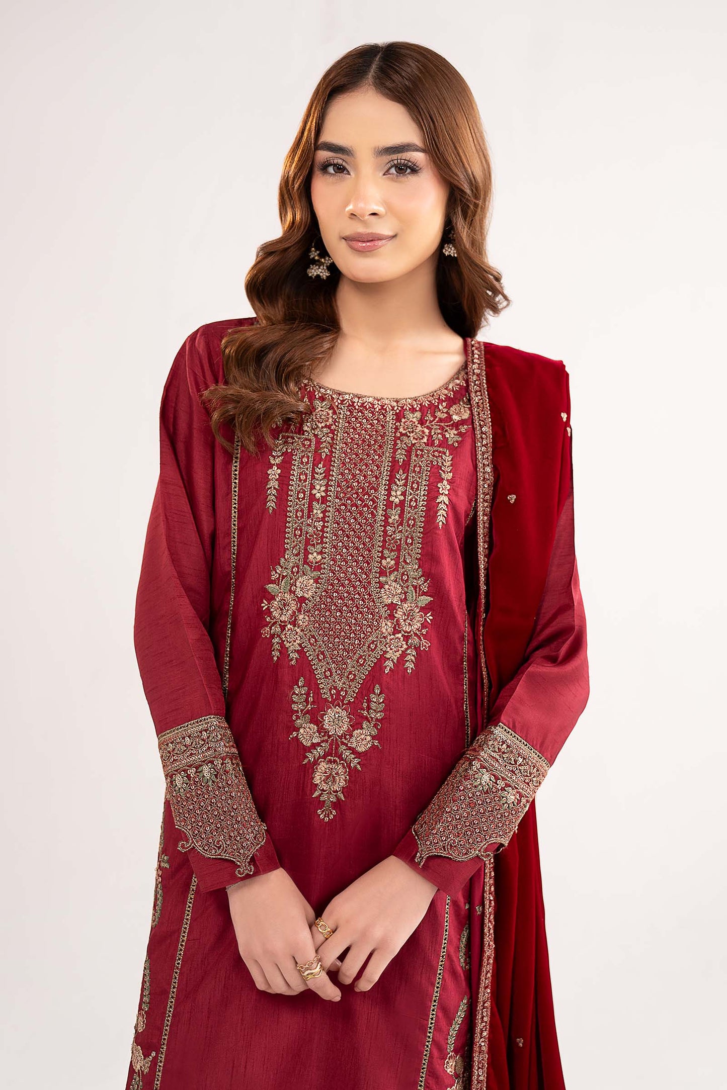 3 Pc Embroidered Raw Silk Suit