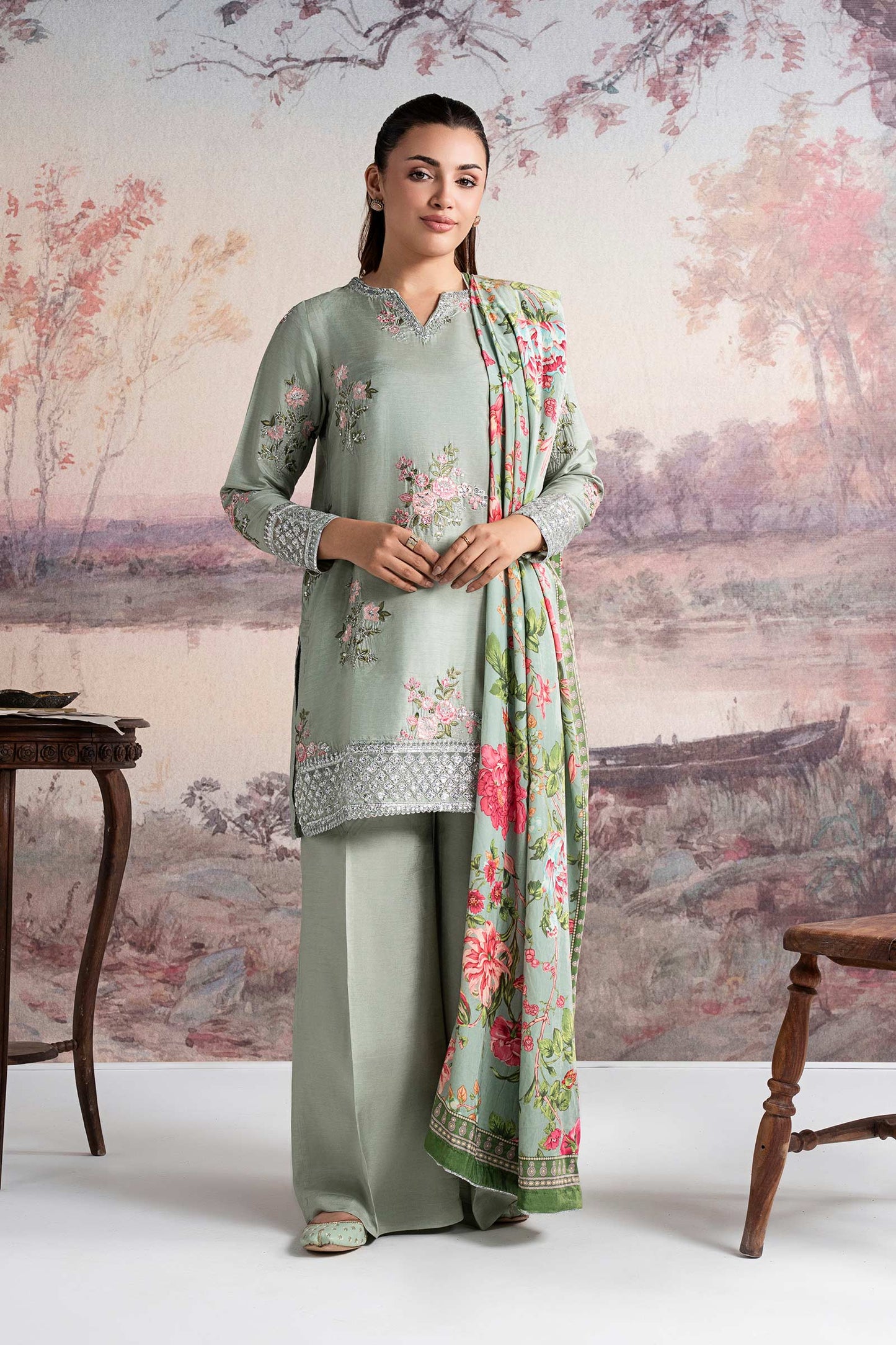 3 Pc Embroidered Raw Silk Suit