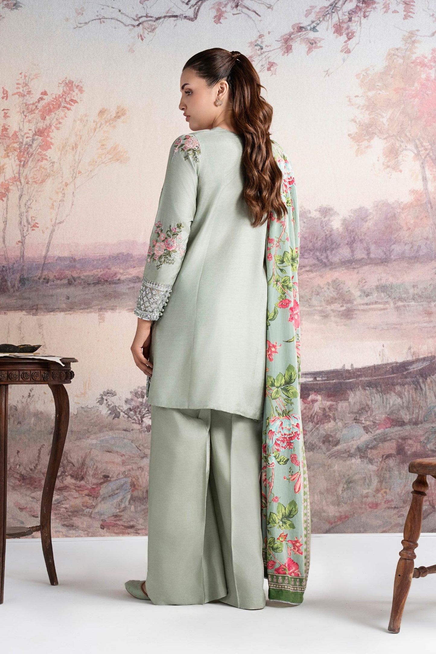3 Pc Embroidered Raw Silk Suit