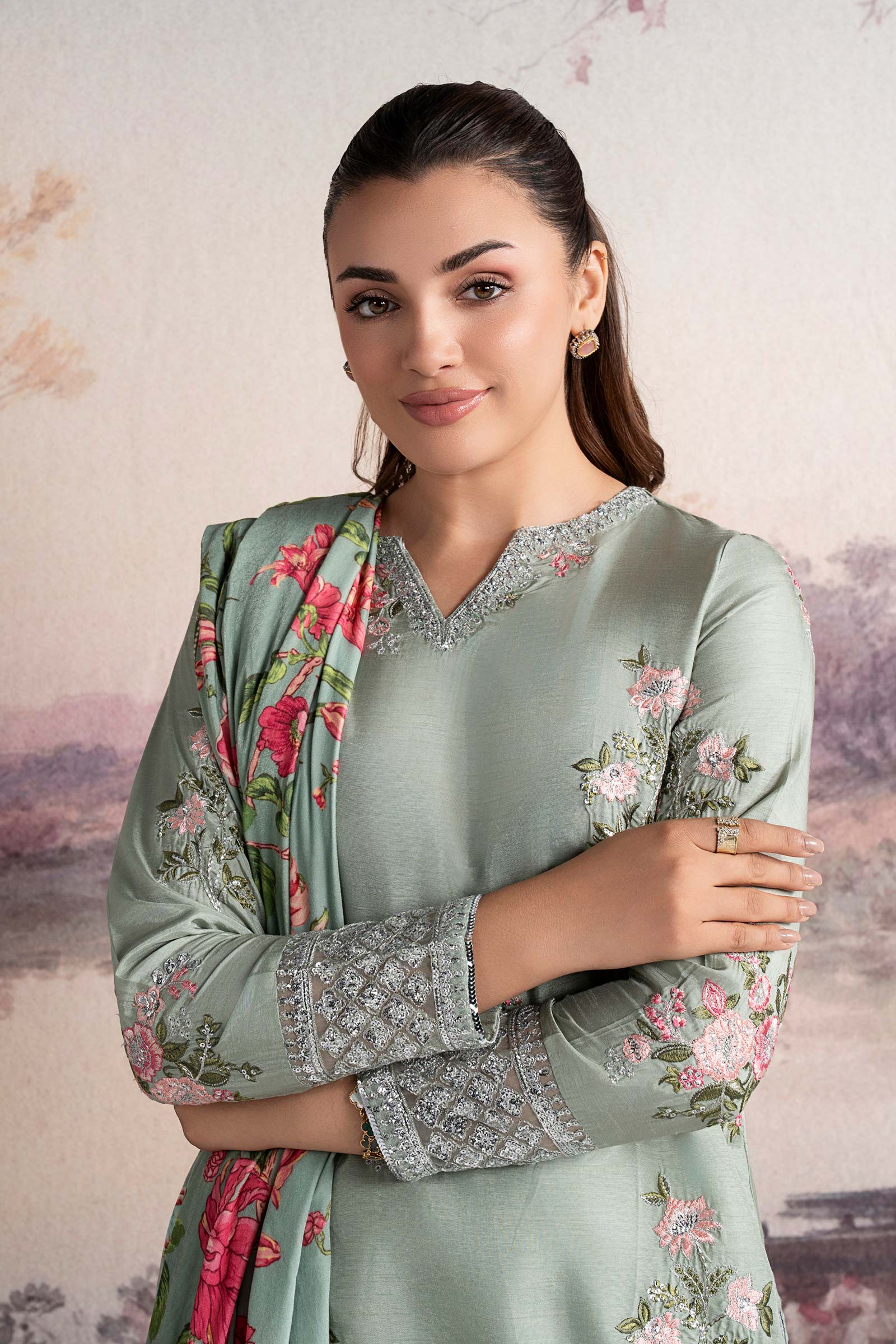 3 Pc Embroidered Raw Silk Suit