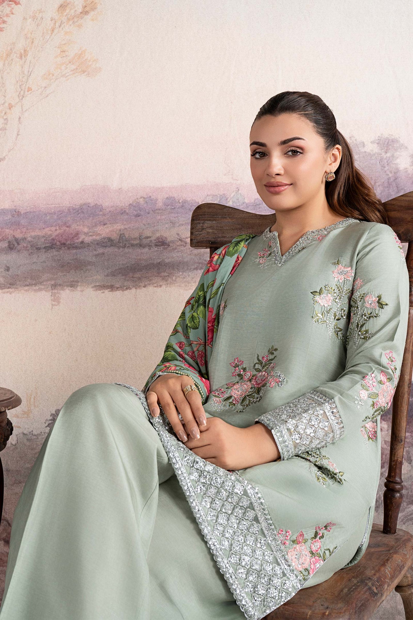 3 Pc Embroidered Raw Silk Suit