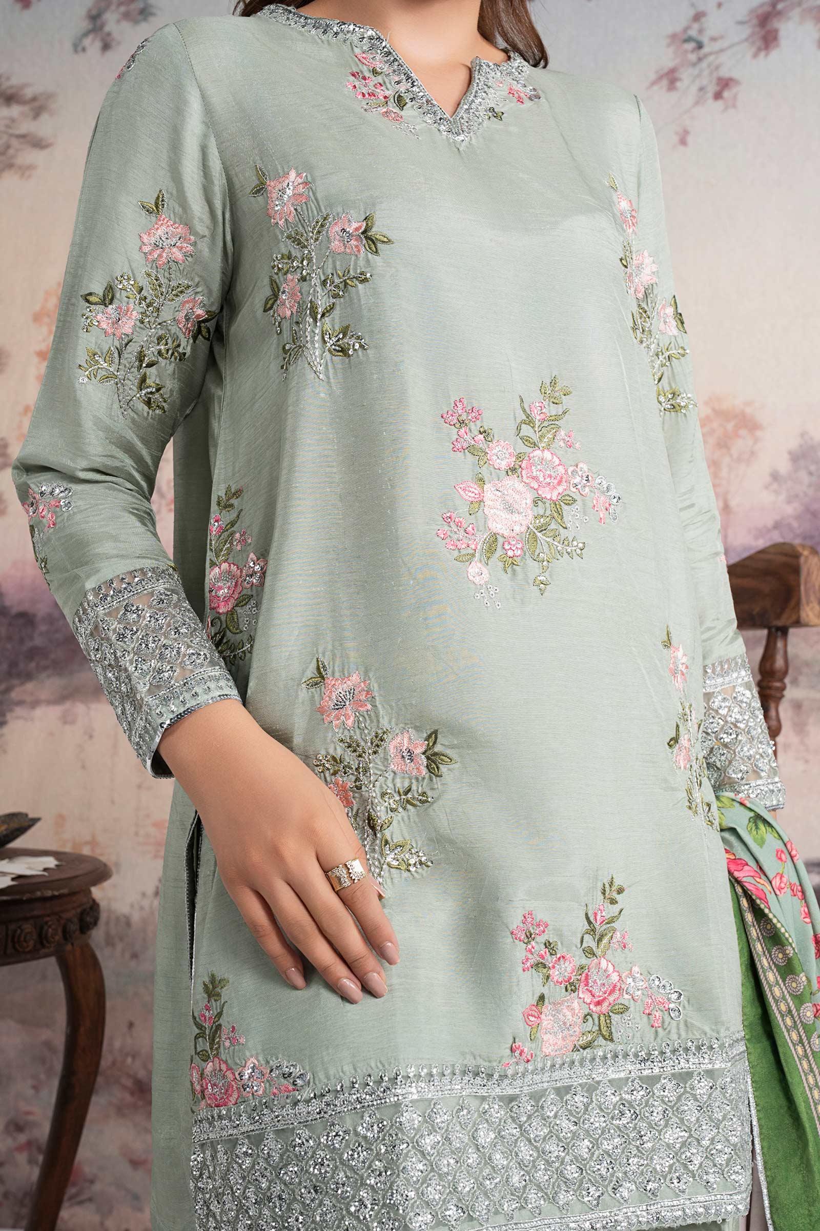 3 Pc Embroidered Raw Silk Suit