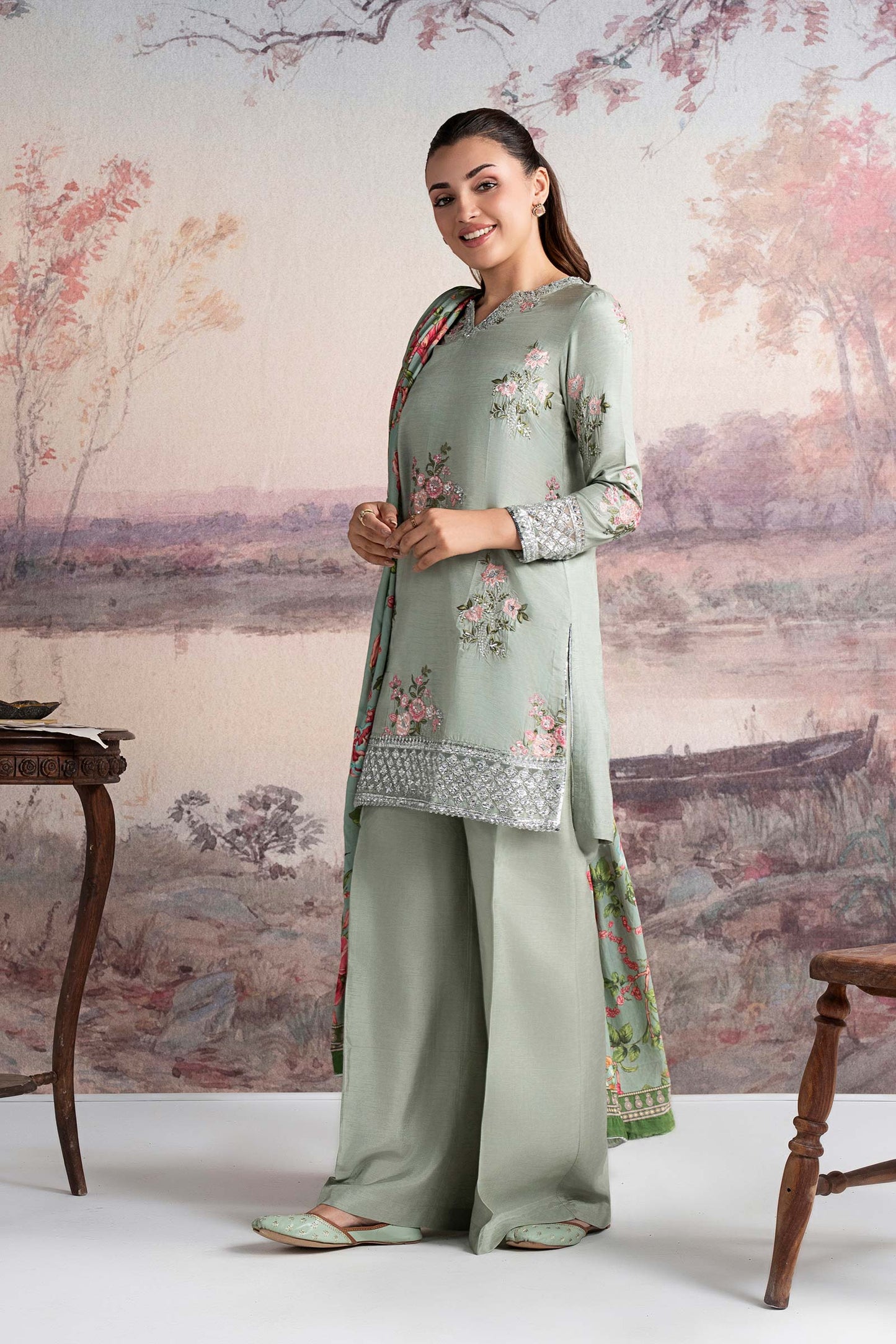 3 Pc Embroidered Raw Silk Suit