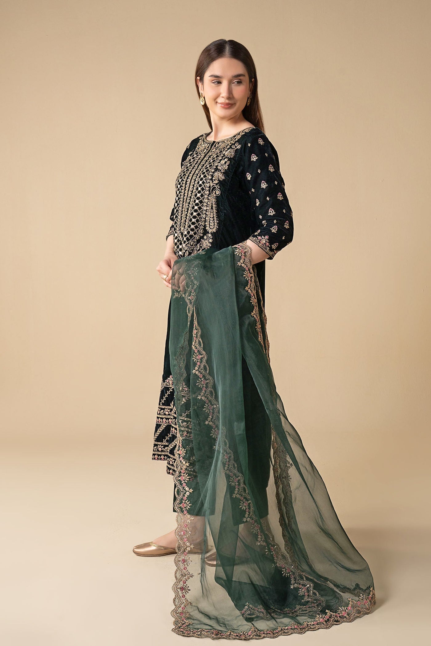 3 Pc Embroidered Velvet Suit