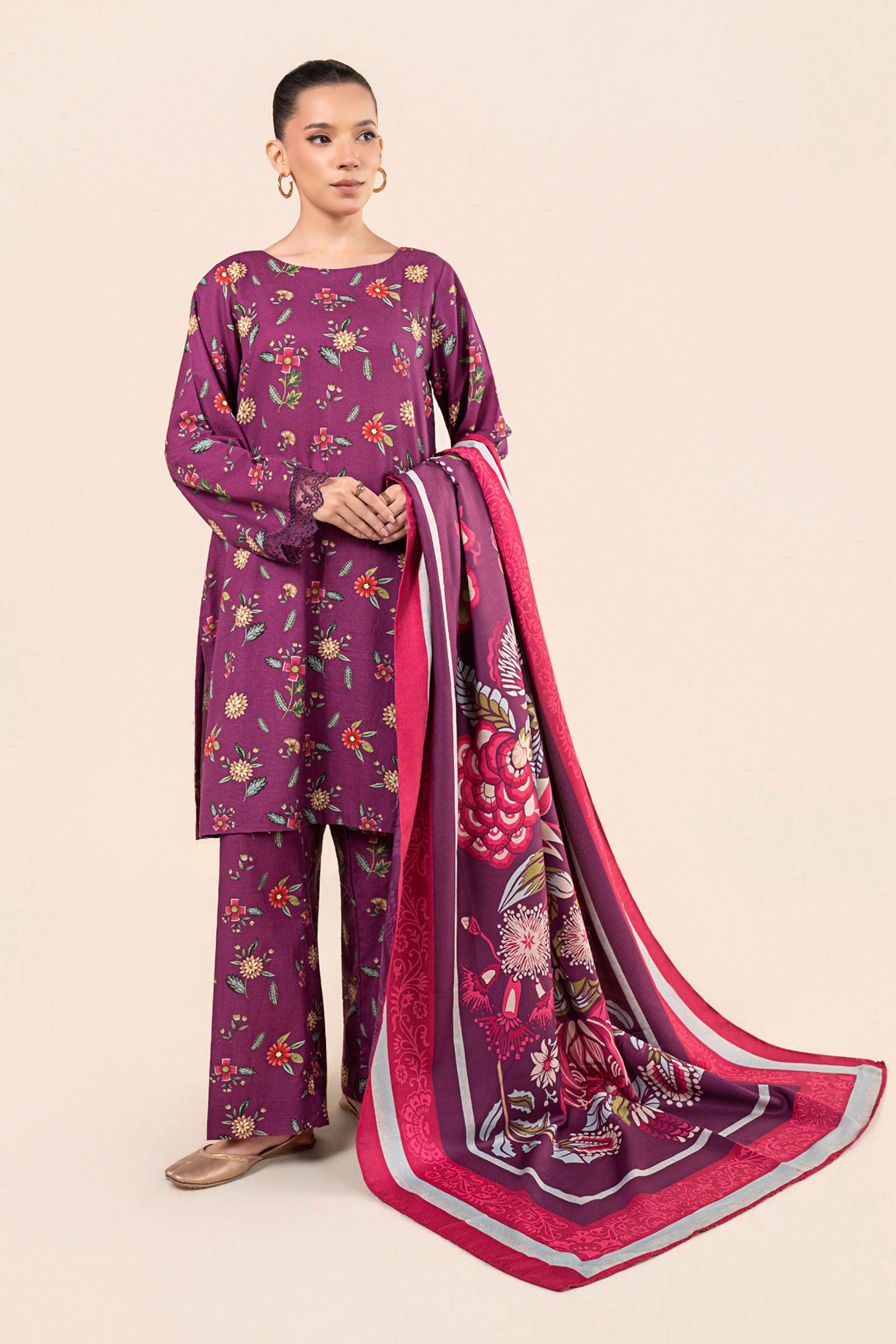 3 Pc Embroidered Slub Khaddar Suit