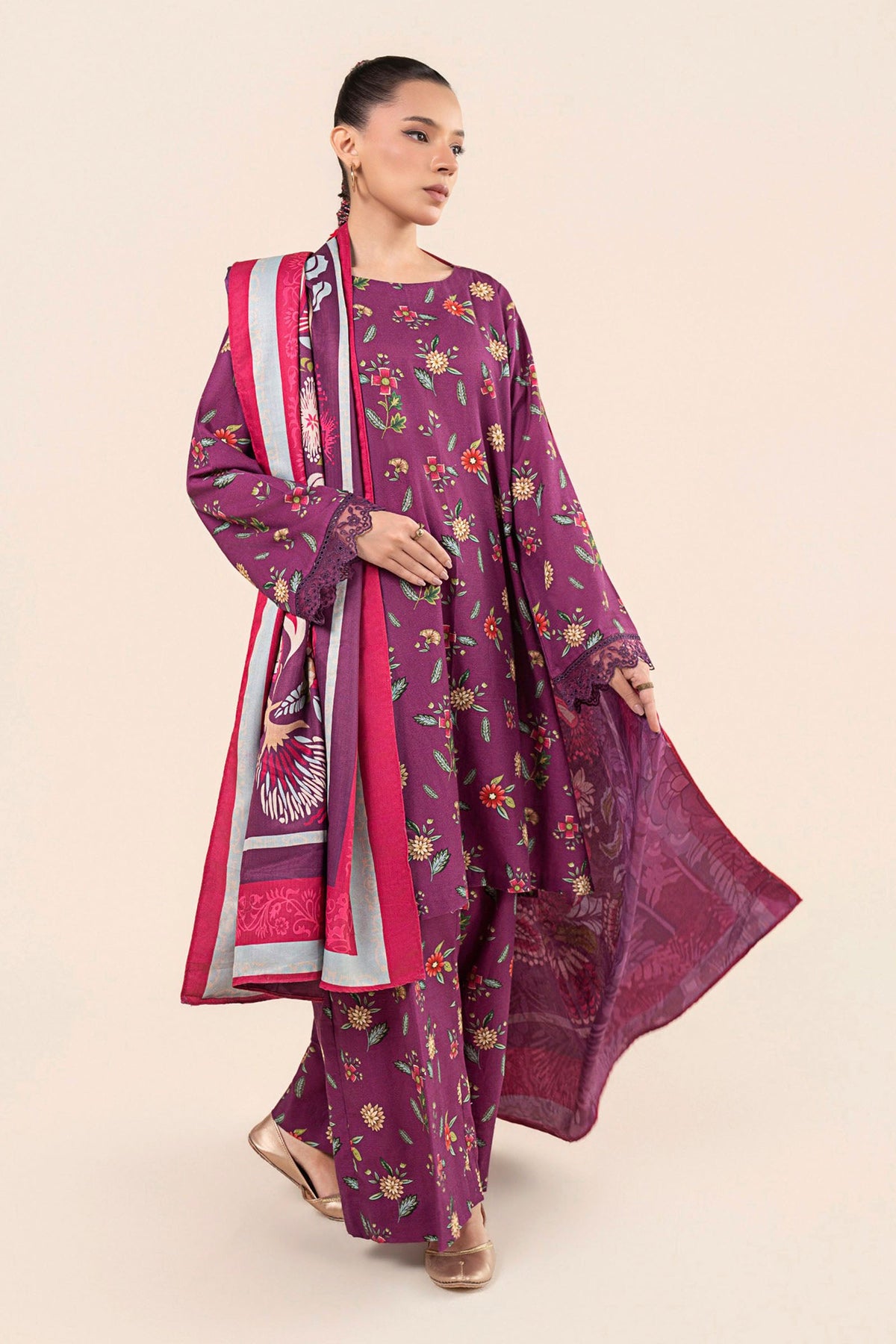 3 Pc Embroidered Slub Khaddar Suit