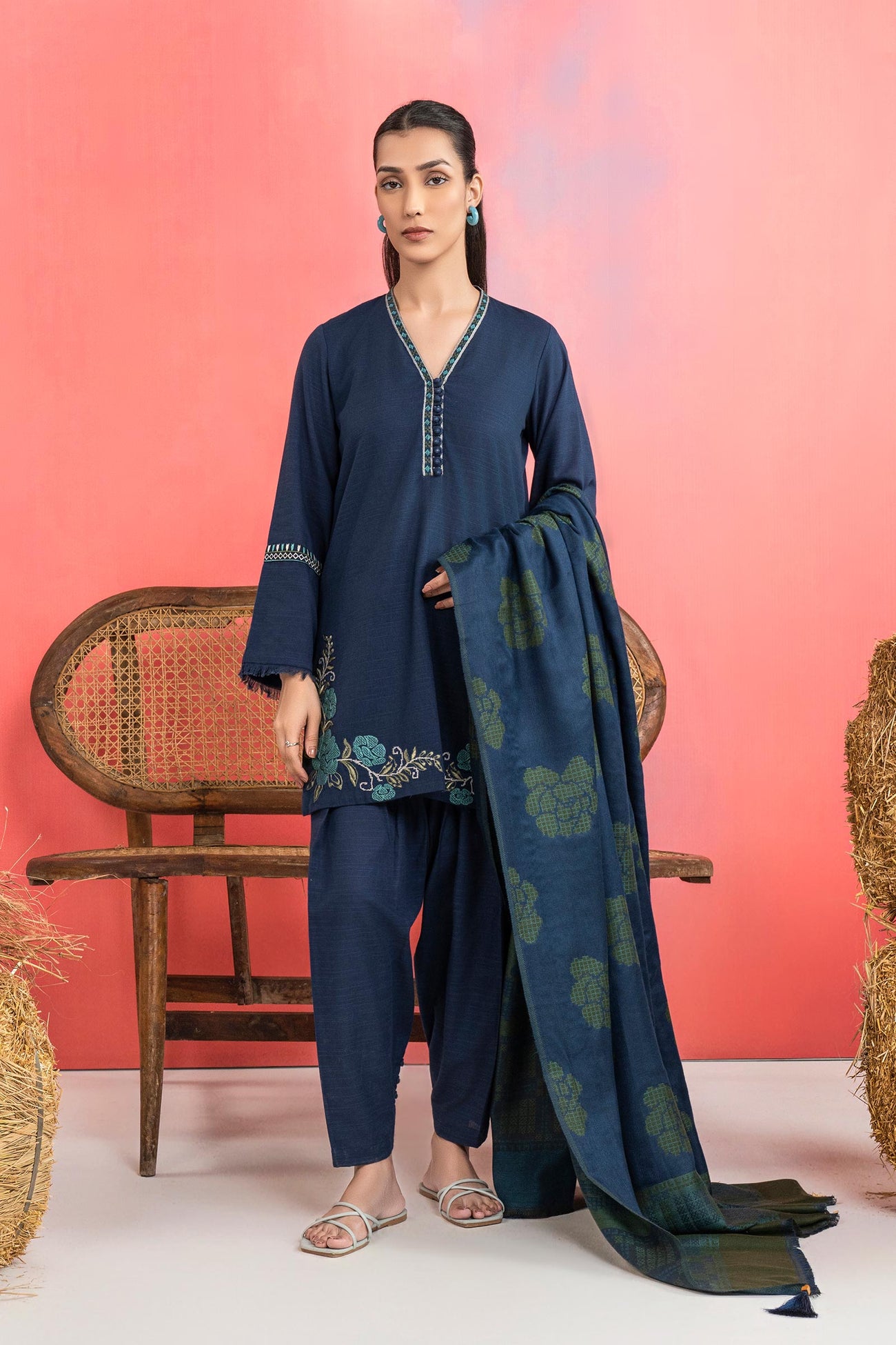 3 Pc Embroidered Slub Khaddar Suit