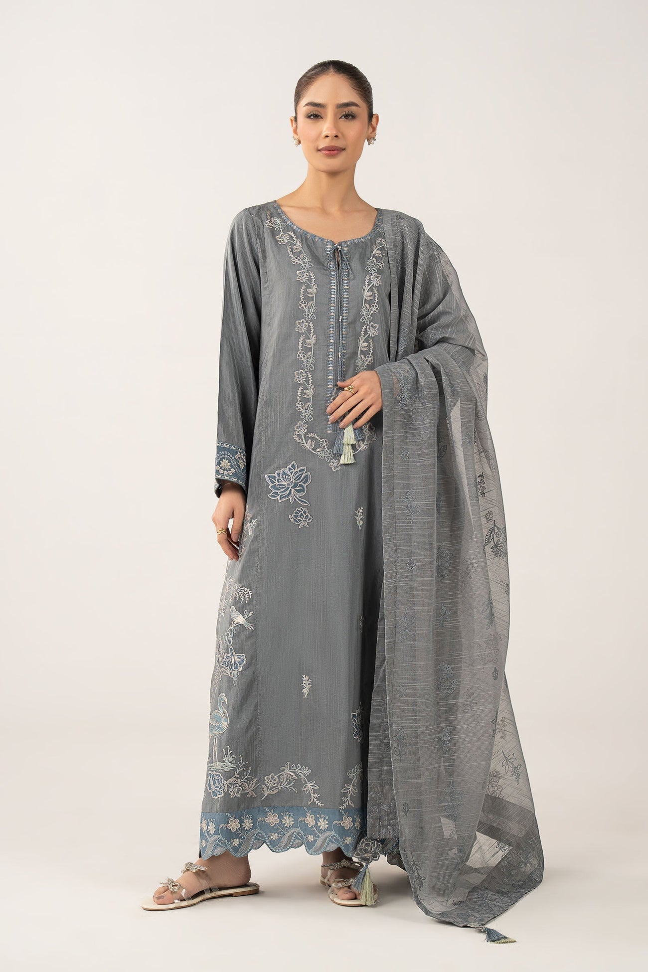 3 Pc Embroidered Shiny Slub Suit