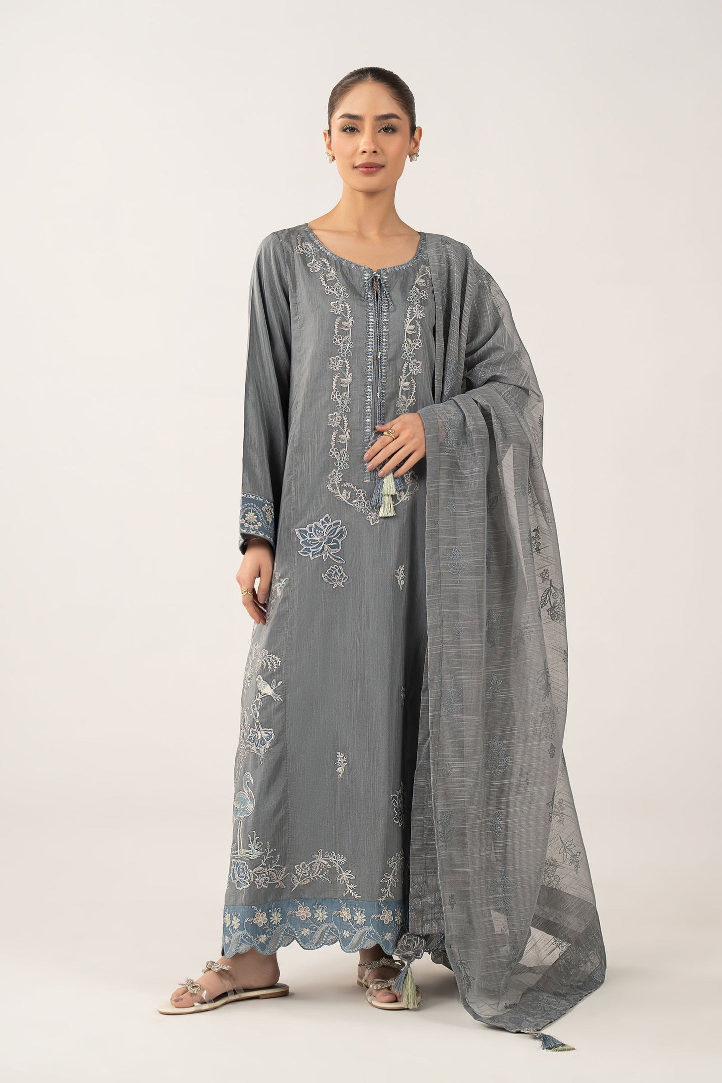 3 Pc Embroidered Shiny Slub Suit