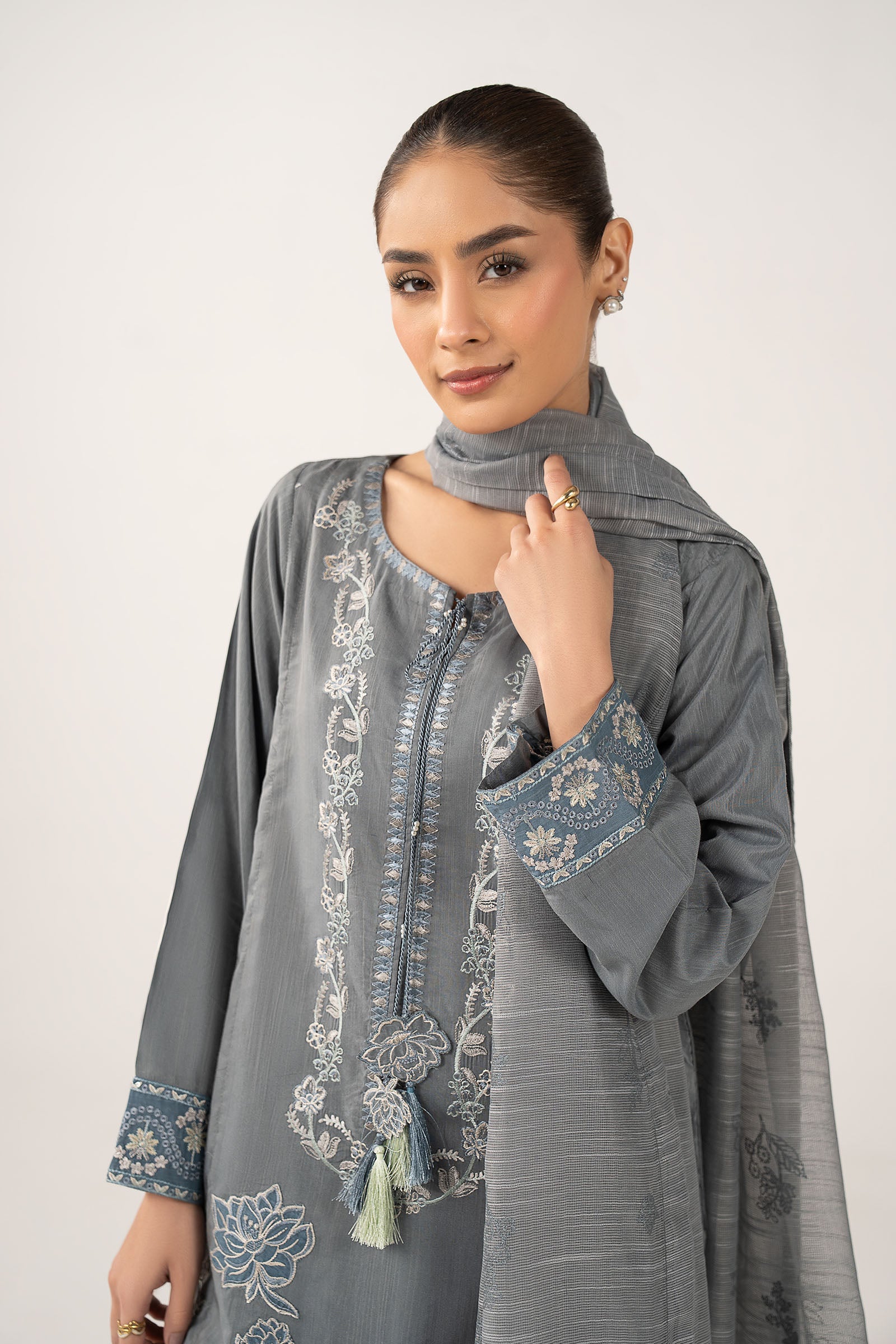 3 Pc Embroidered Shiny Slub Suit
