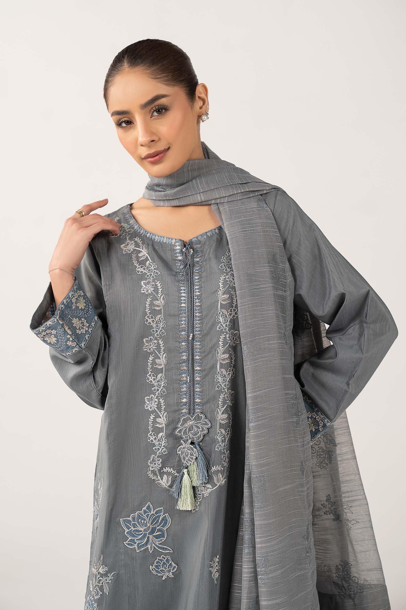 3 Pc Embroidered Shiny Slub Suit