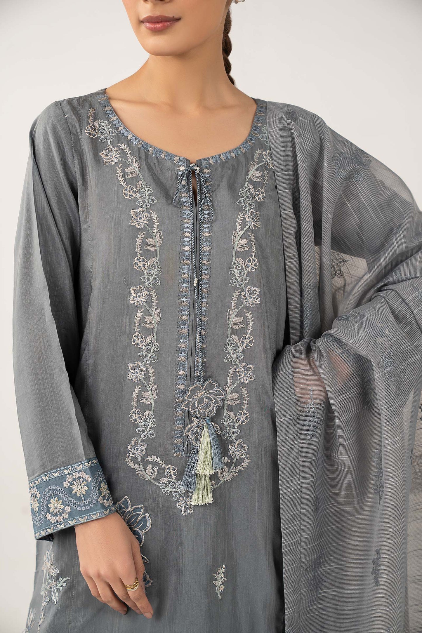 3 Pc Embroidered Shiny Slub Suit