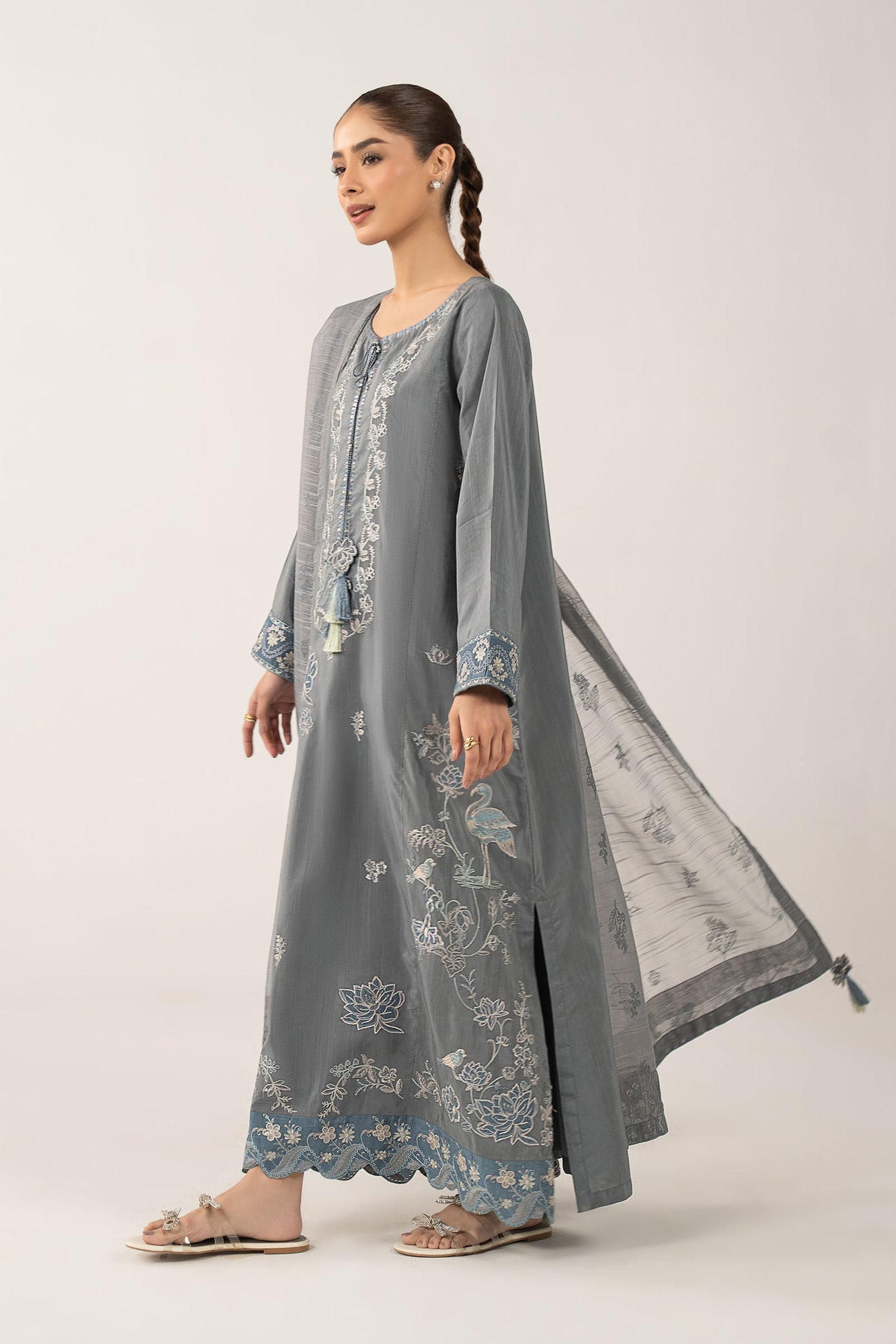 3 Pc Embroidered Shiny Slub Suit