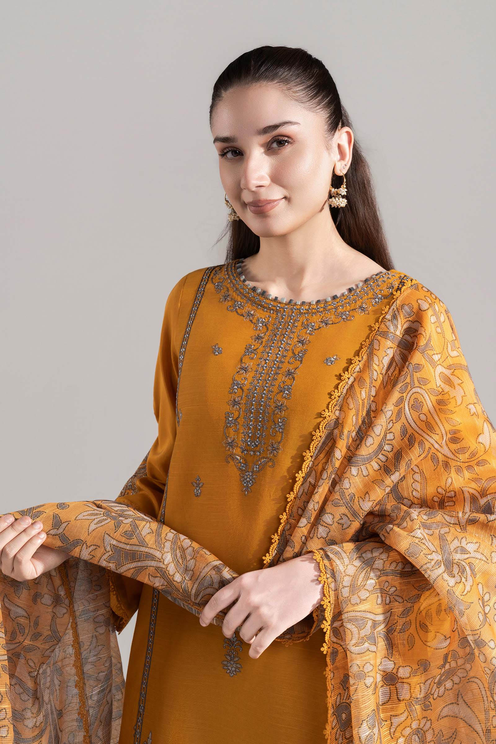 3 Pc Embroidered Shiny Silk Slub Suit