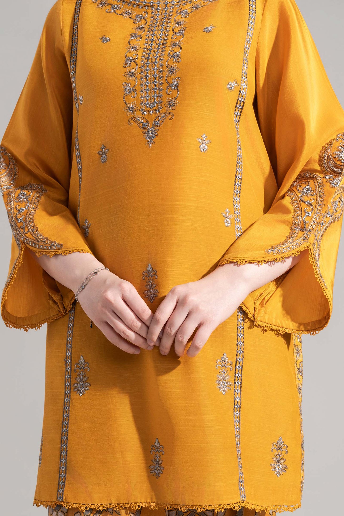 3 Pc Embroidered Shiny Silk Slub Suit