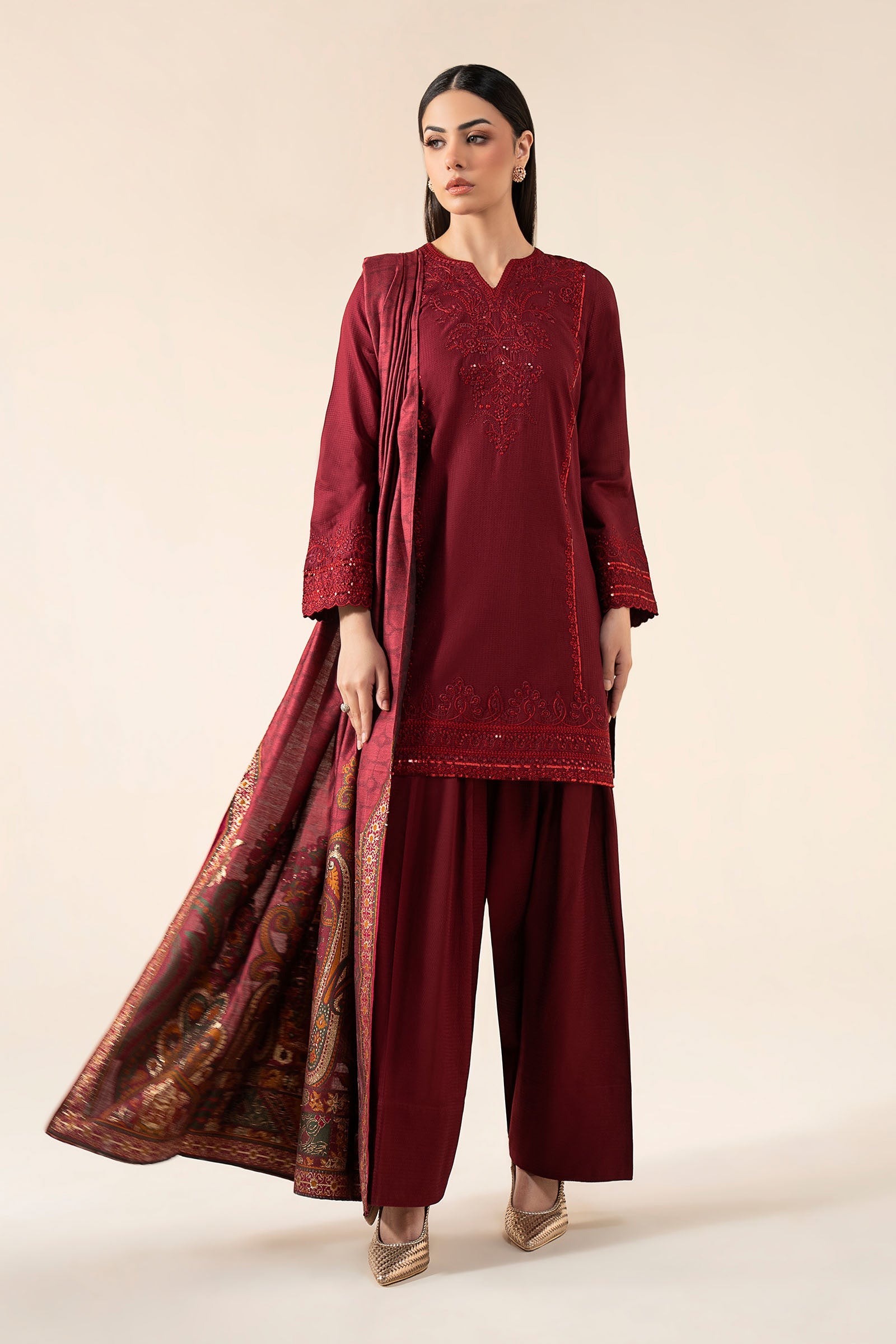 3 Pc Embroidered Dobby Cotton Suit