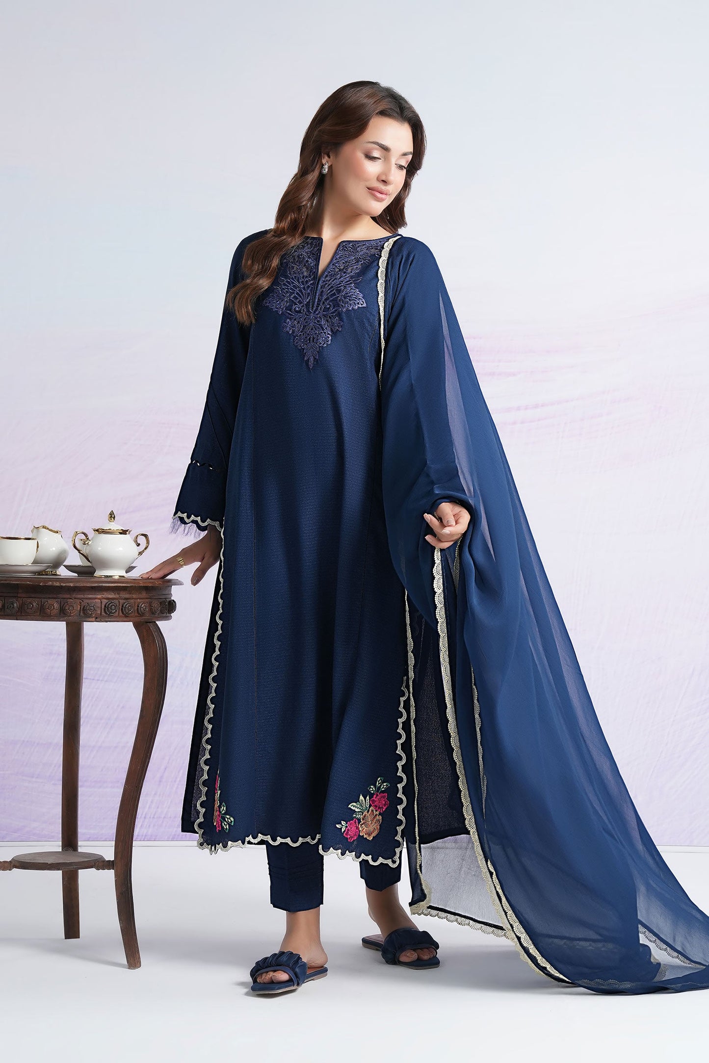 3 Pc Embroidered Rib Karandi Suit