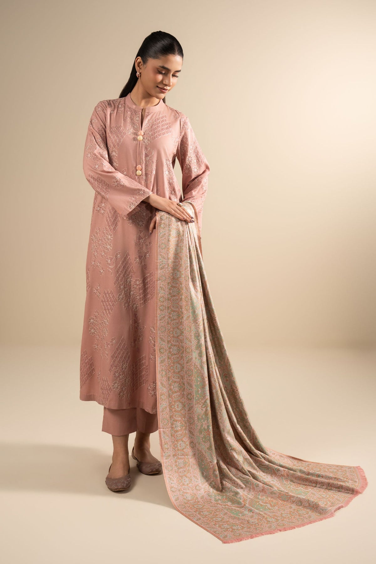 3 Pc Embroidered Linen Twill Suit
