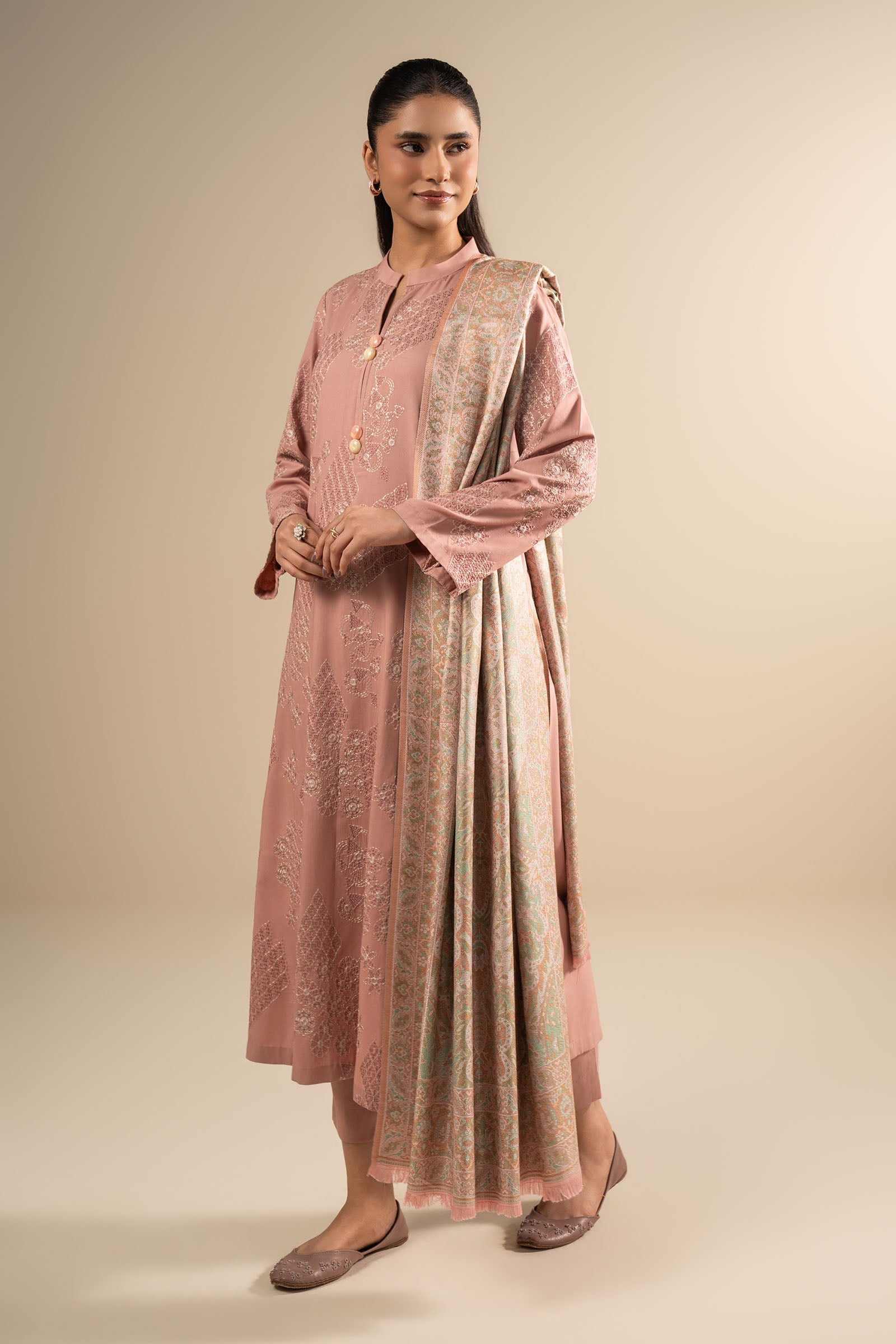 3 Pc Embroidered Linen Twill Suit