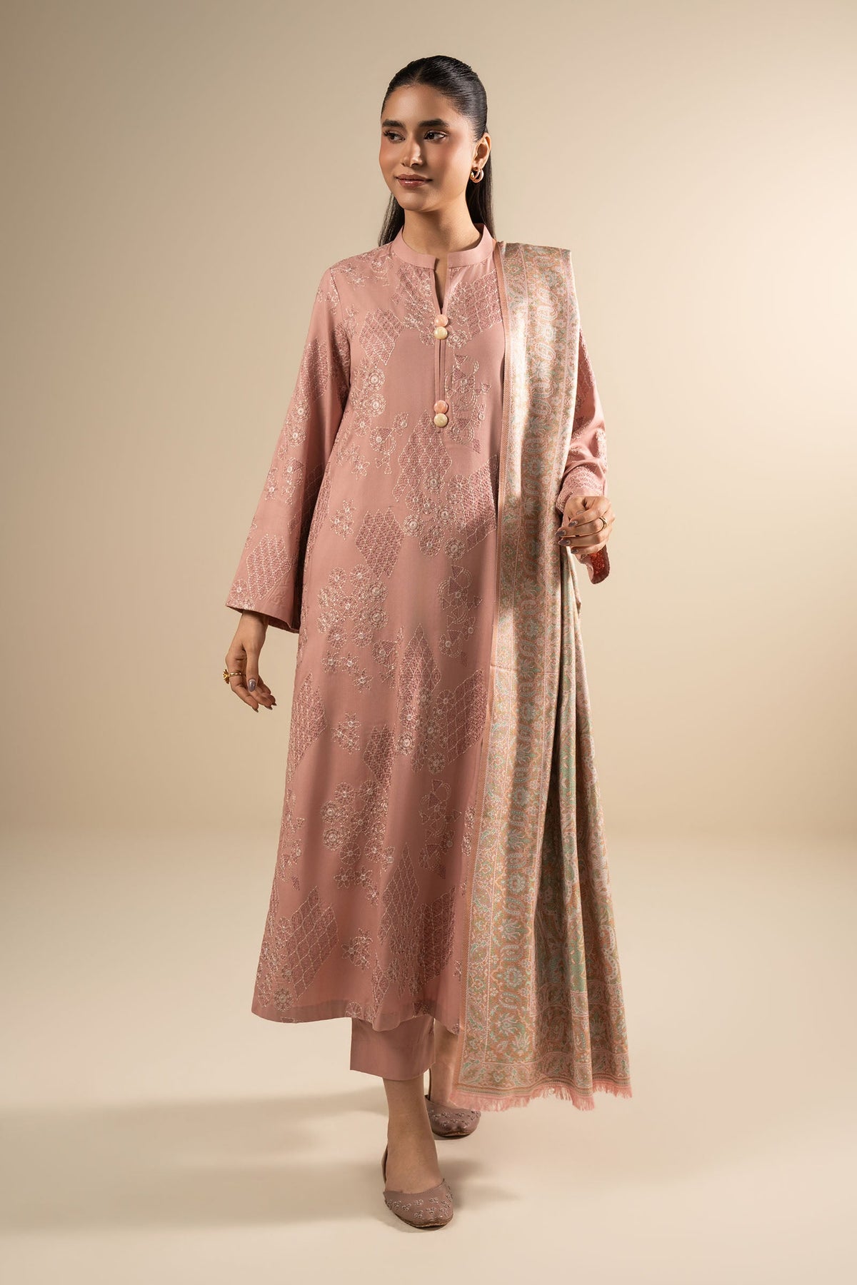 3 Pc Embroidered Linen Twill Suit