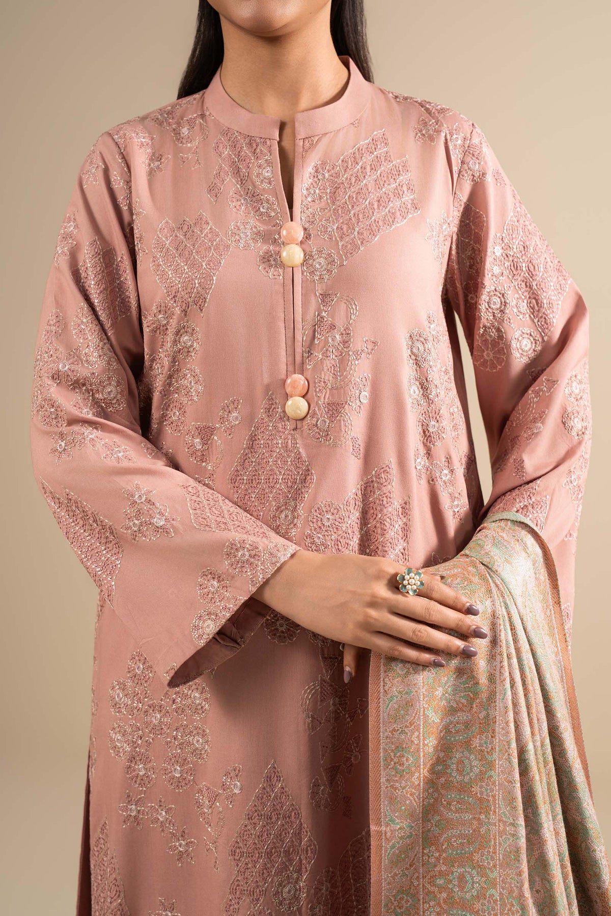 3 Pc Embroidered Linen Twill Suit