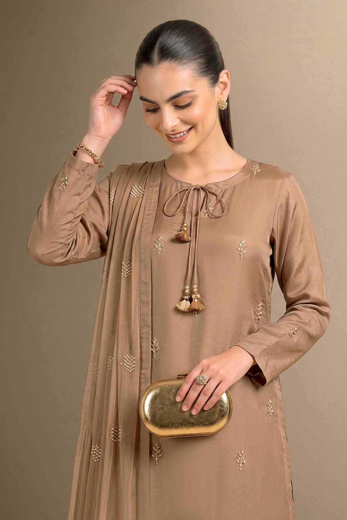 3 Pc Embellished Silk Suit