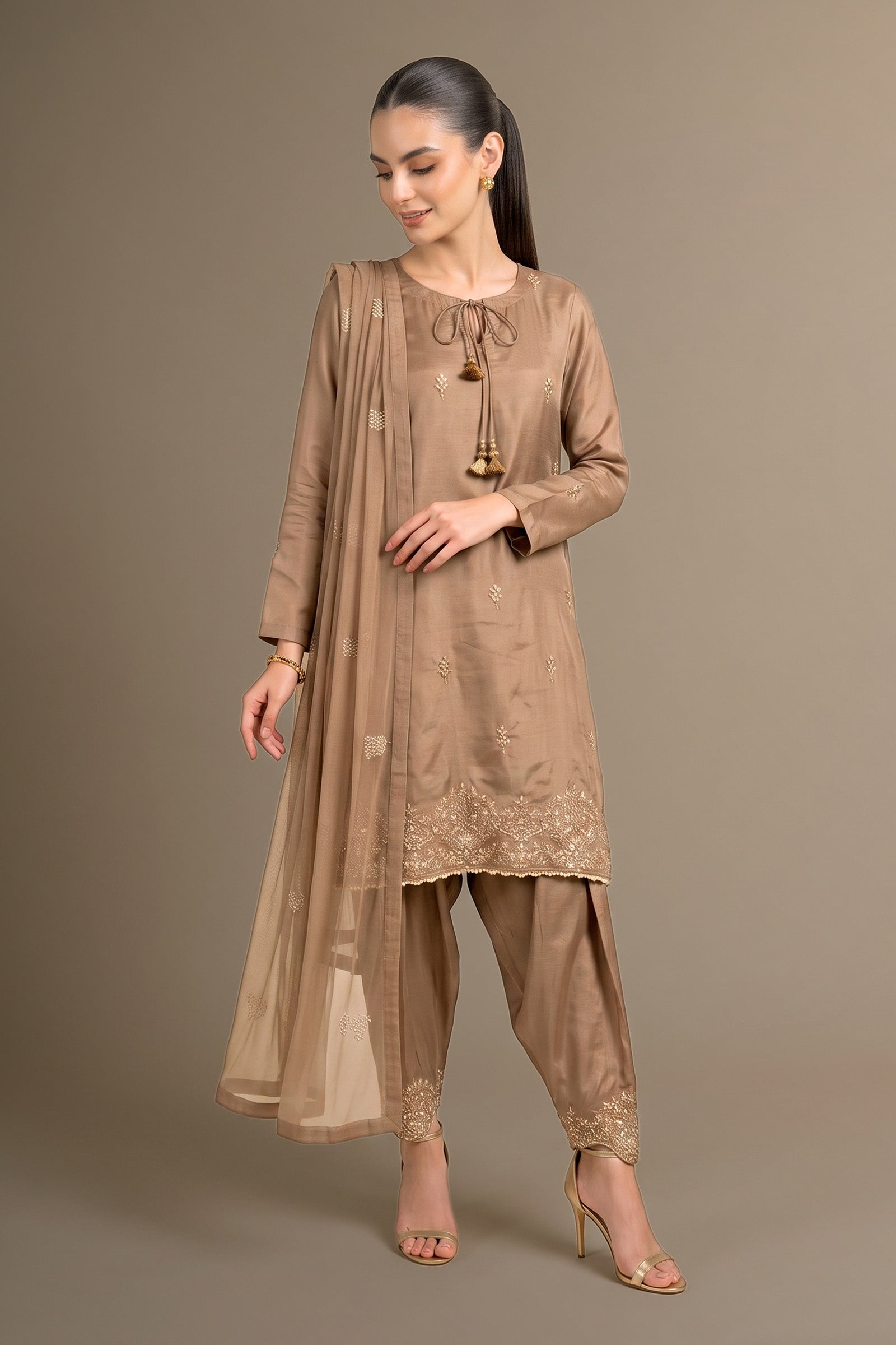 3 Pc Embellished Silk Suit