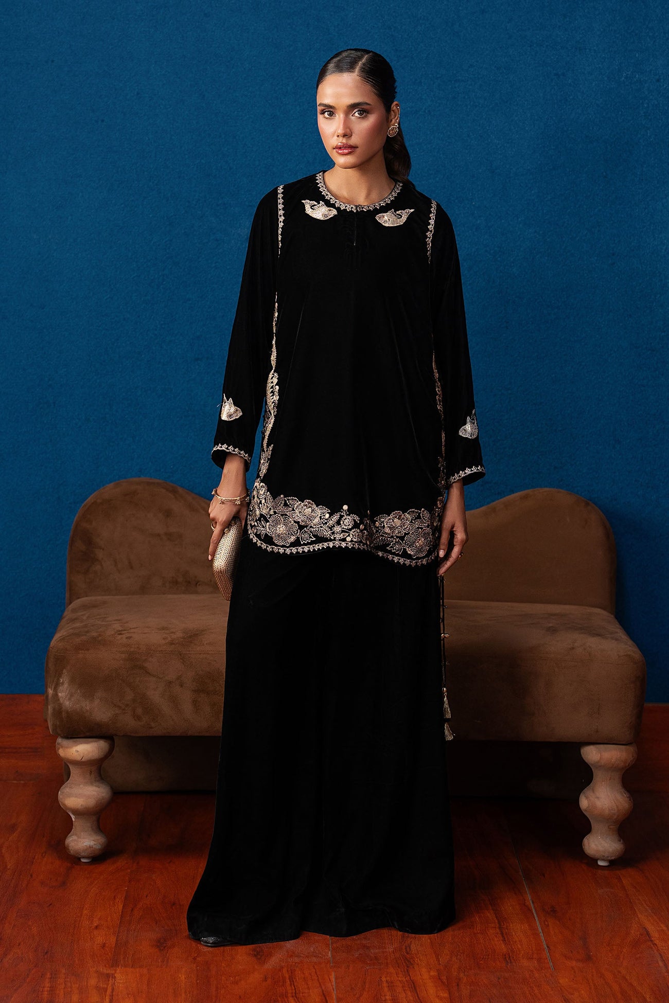 2 Pc Embroidered Velvet Suit